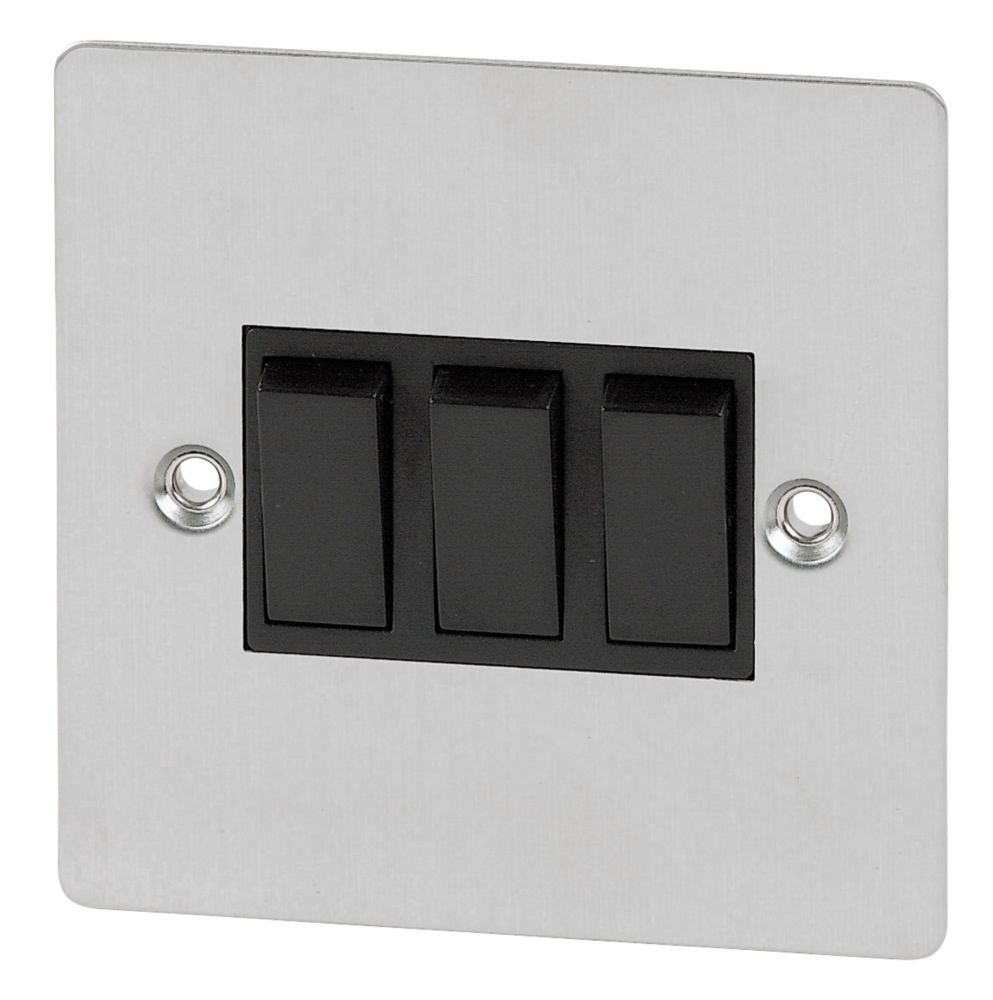Volex 10A 3G 2W Sw Blk Ins Brushed Stainless Flat Plate