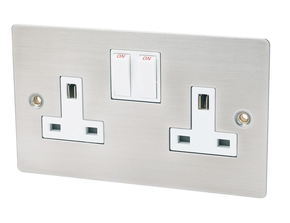 Volex 2G 13A DP Sw Skt Brushed Stainless Flat Plate