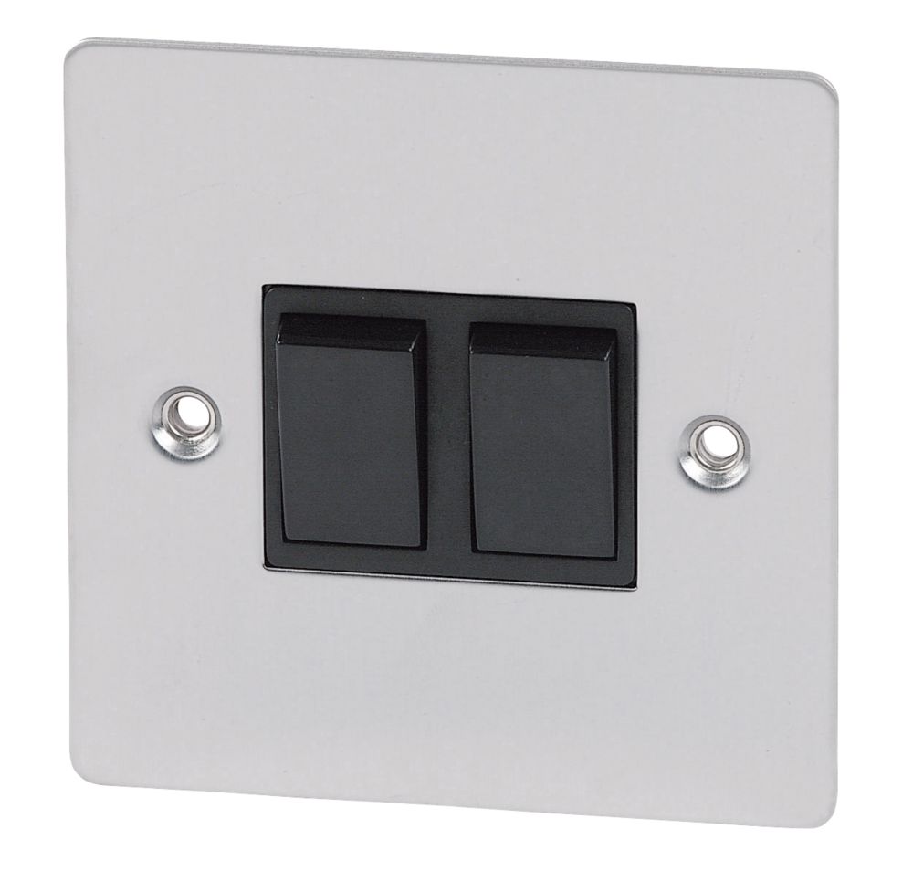 Volex 10A 2G 2W Sw Blk Ins Brushed Stainless Flat Plate
