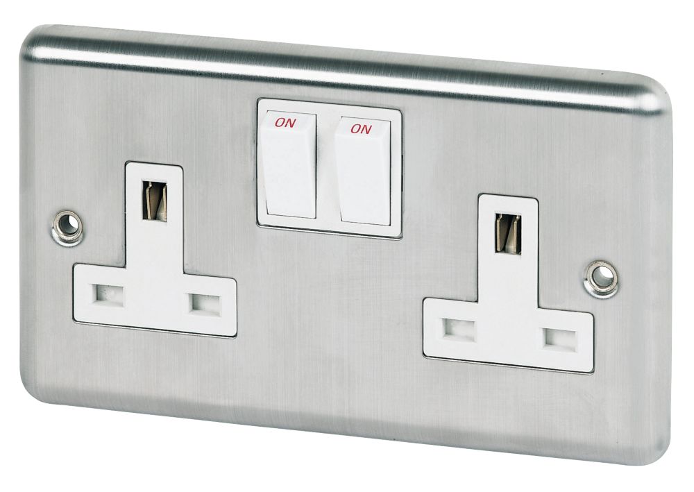 Volex 13A 2G DP White Insert Brushed Stainless Steel Round Edge