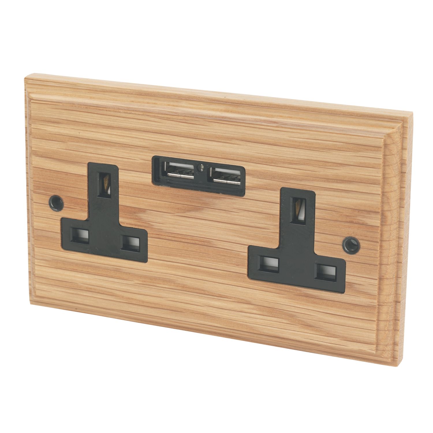 Varilight 13AX 2-Gang Unswitched Socket + 2.1A 10.5W 2-Outlet Type A USB Charger Classic Oak with Black Inserts (1001H)