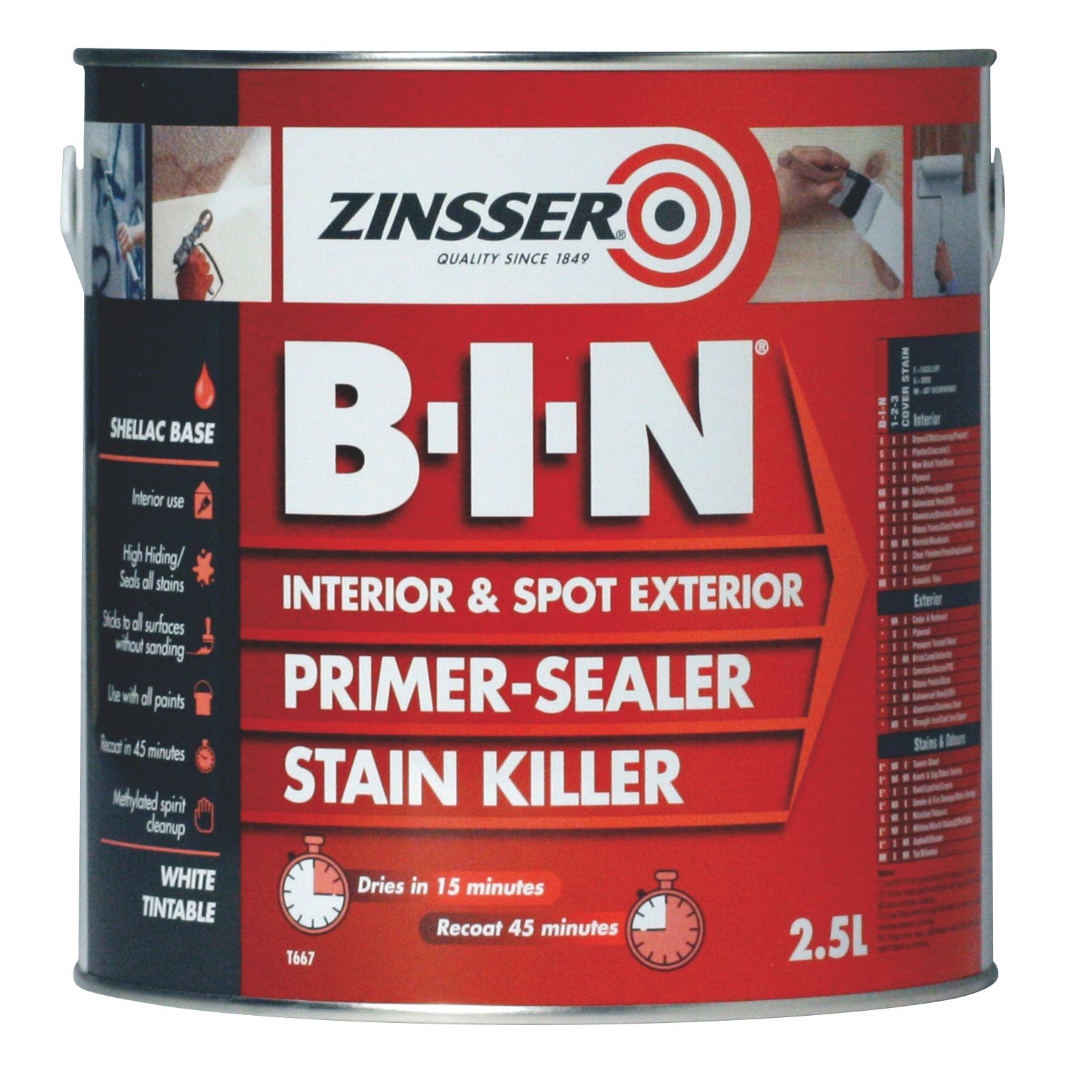 Zinsser B-I-N 2.5Ltr White Matt Stain Block Interior Multi Surface Primer (10130)