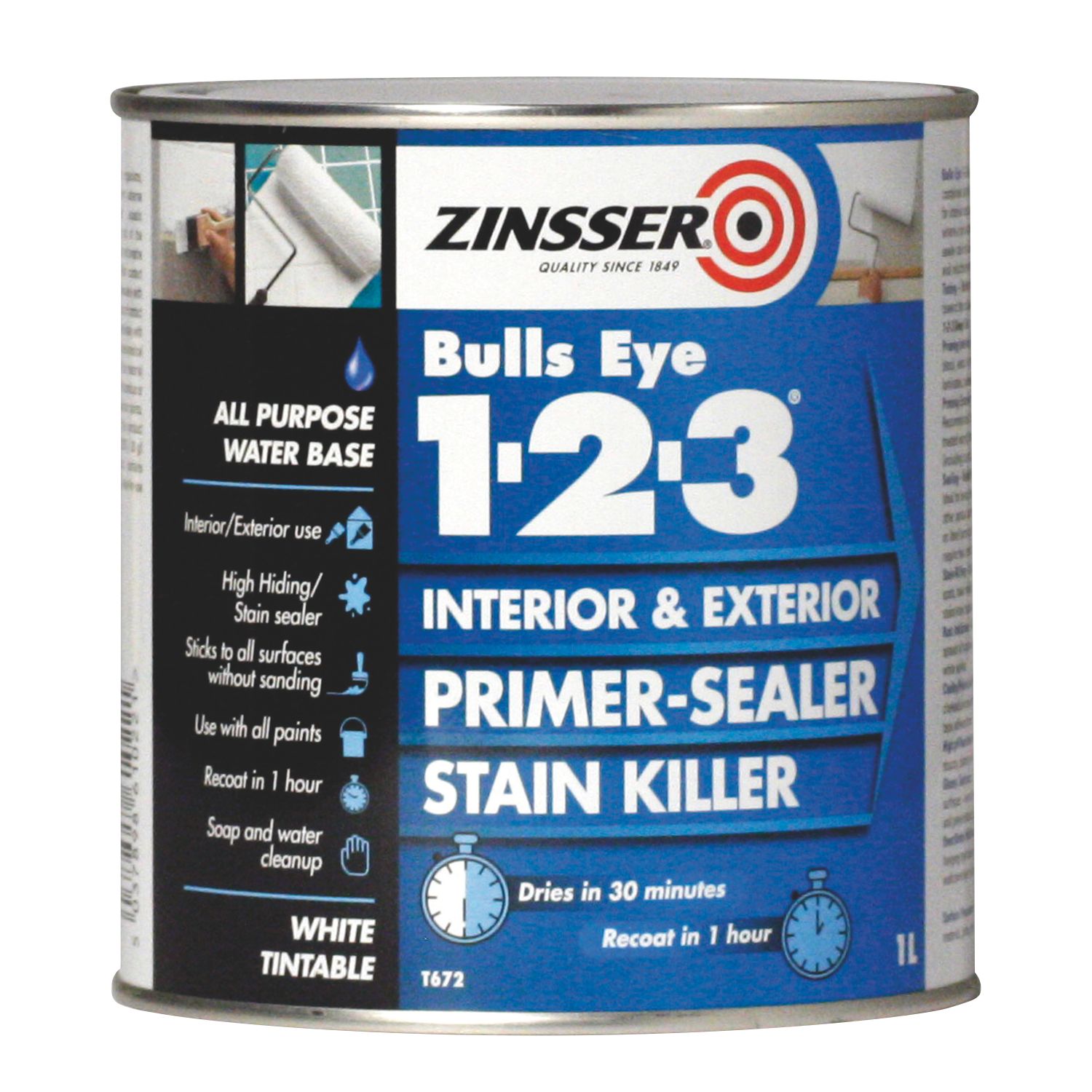 Zinsser Bulls Eye 1-2-3 1Ltr White Matt Stain Block Interior & Exterior Multi Surface Primer (10135)