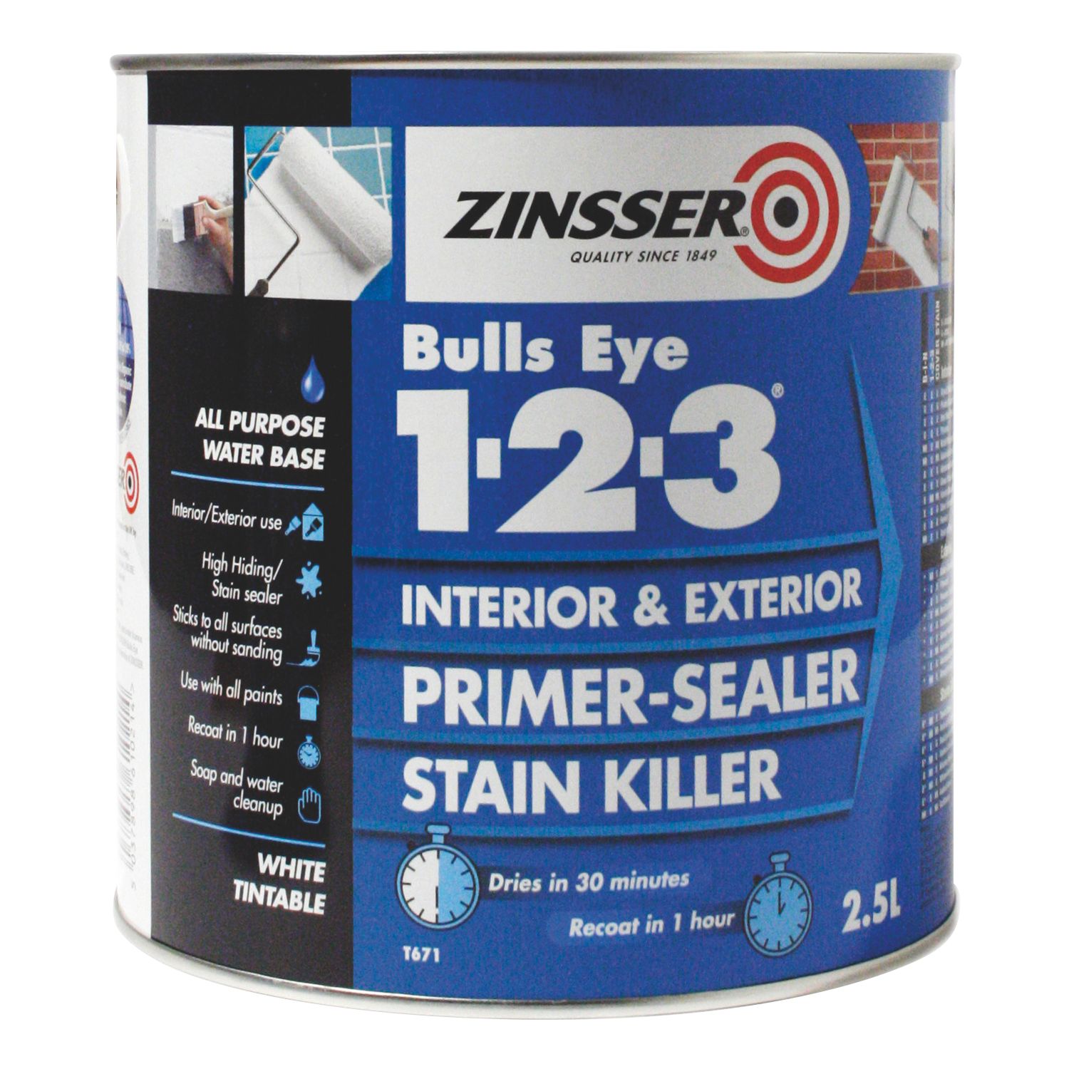 Zinsser Bulls Eye 1-2-3 2.5Ltr White Matt Stain Block Interior & Exterior Multi Surface Primer (10136)