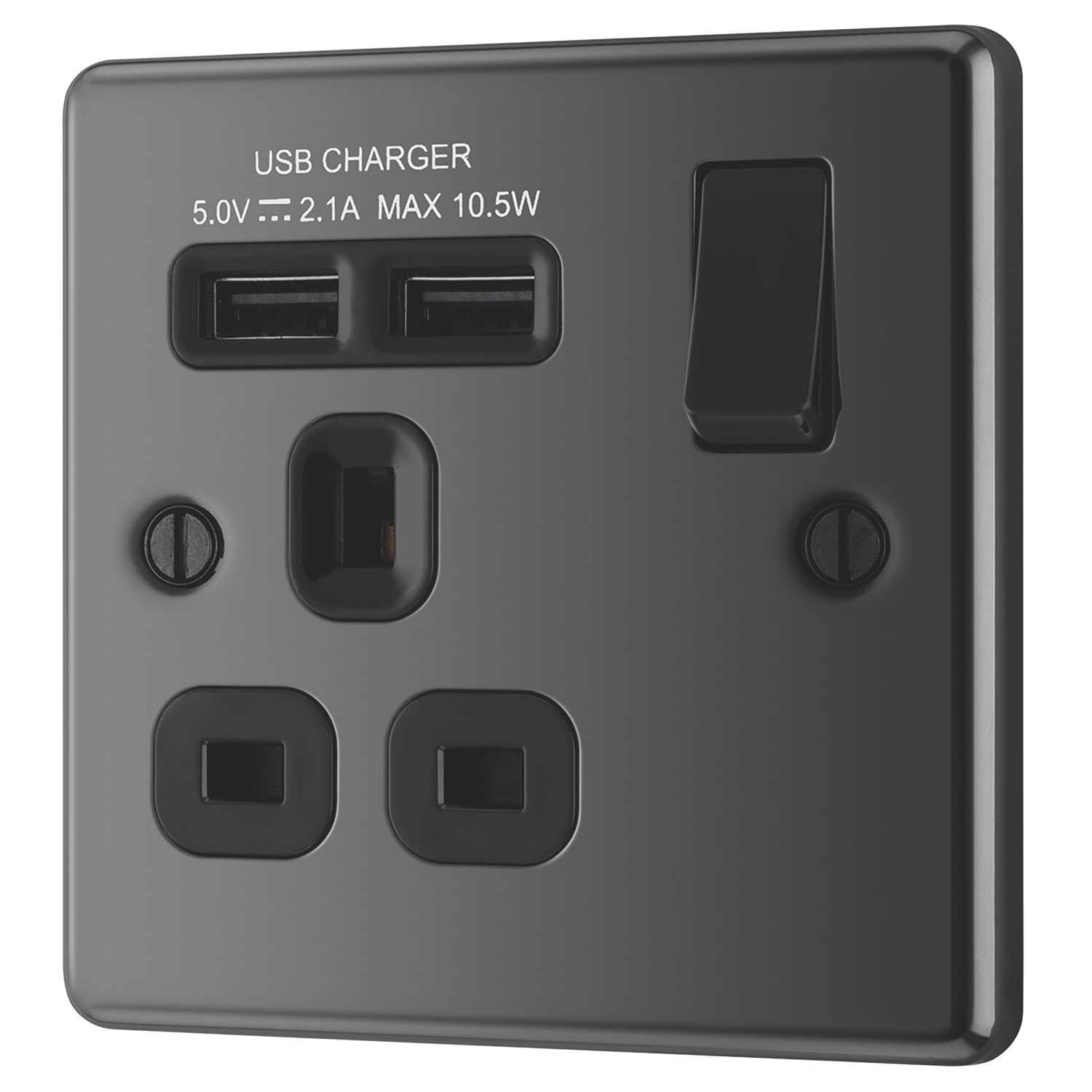 LAP 13A 1-Gang SP Switched Socket + 2.1A 10.5W 2-Outlet Type A USB Charger Black Nickel with Black Inserts (1043F)