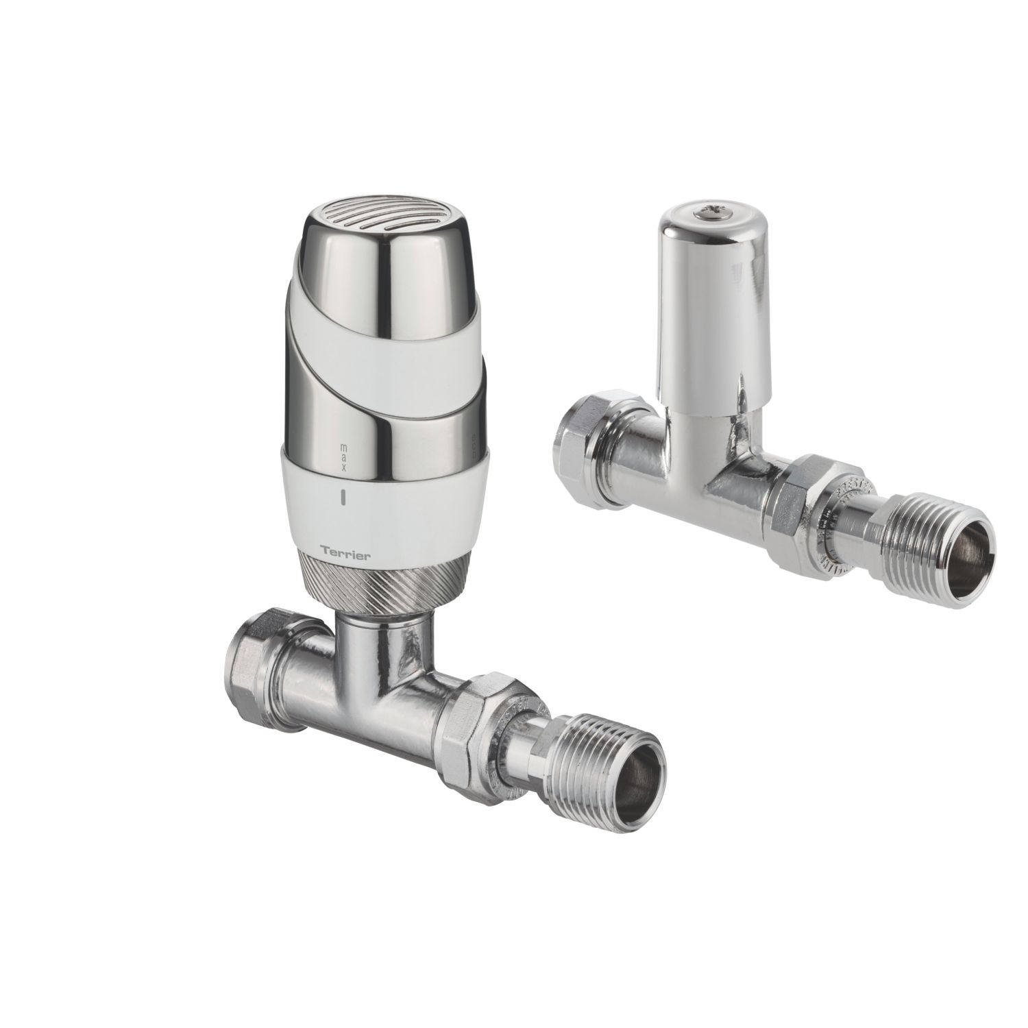 Terrier 15mm x 1/2" White/Chrome Straight & L/S Standard Thermostatic Radiator Valve & Lockshield (1063G)
