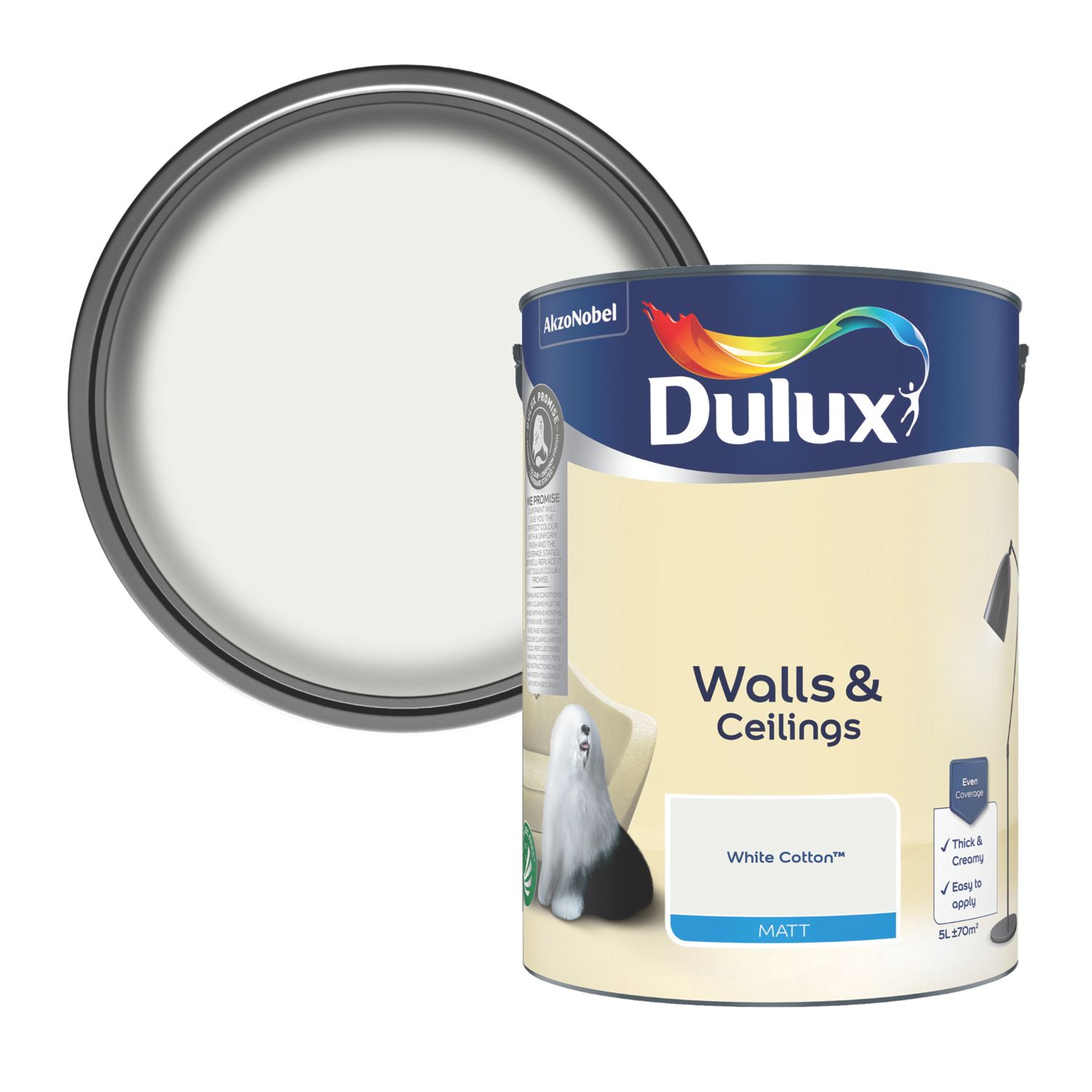 Dulux Walls & Ceilings 5Ltr White Cotton Matt Emulsion Paint (107AX)