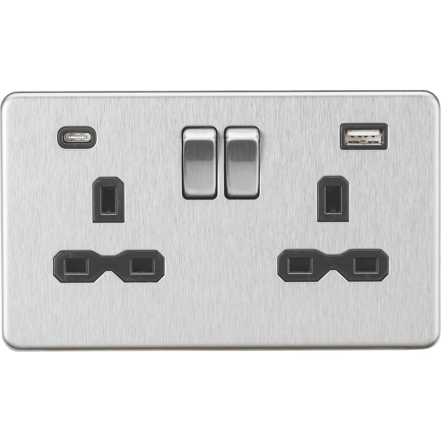 Knightsbridge 13A 2-Gang SP Switched Socket + 4.0A 20W 2-Outlet Type A & C USB Charger Brushed Chrome with Black Inserts (111PX)
