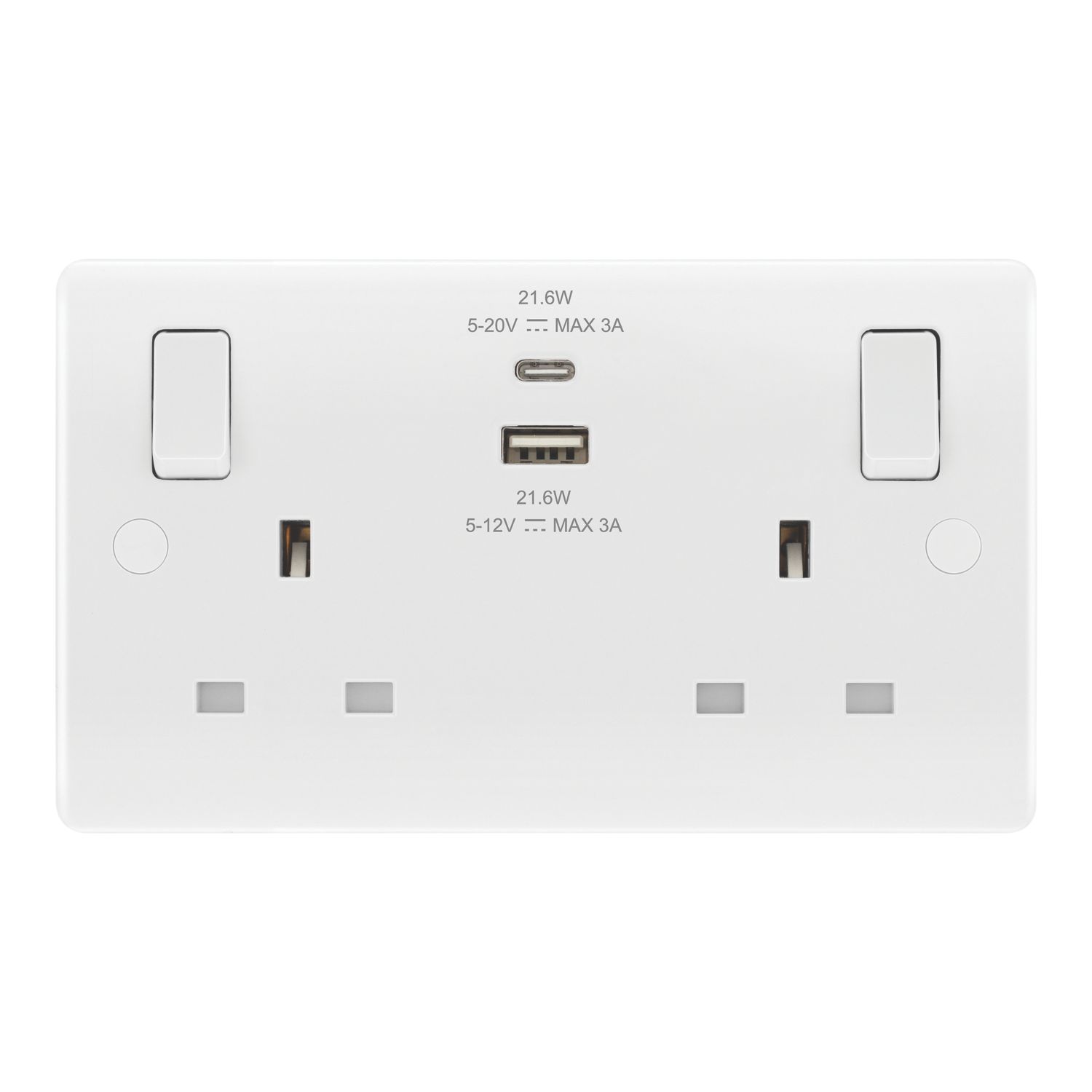 LAP 13A 2-Gang SP Switched Socket + 3A 22W 2-Outlet Type A & C USB Charger White (113PN)