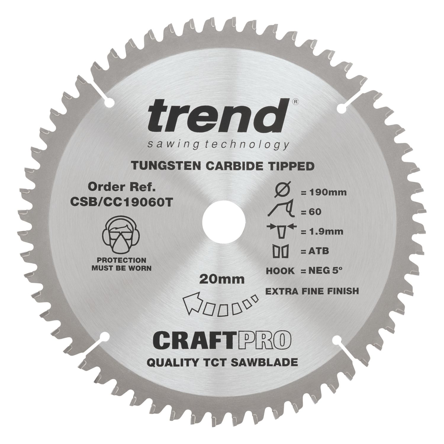 Trend CSB/CC19060T Wood/Chipboard/MDF Thin Kerf Saw Blade 190mm x 20mm 60T (114VW)