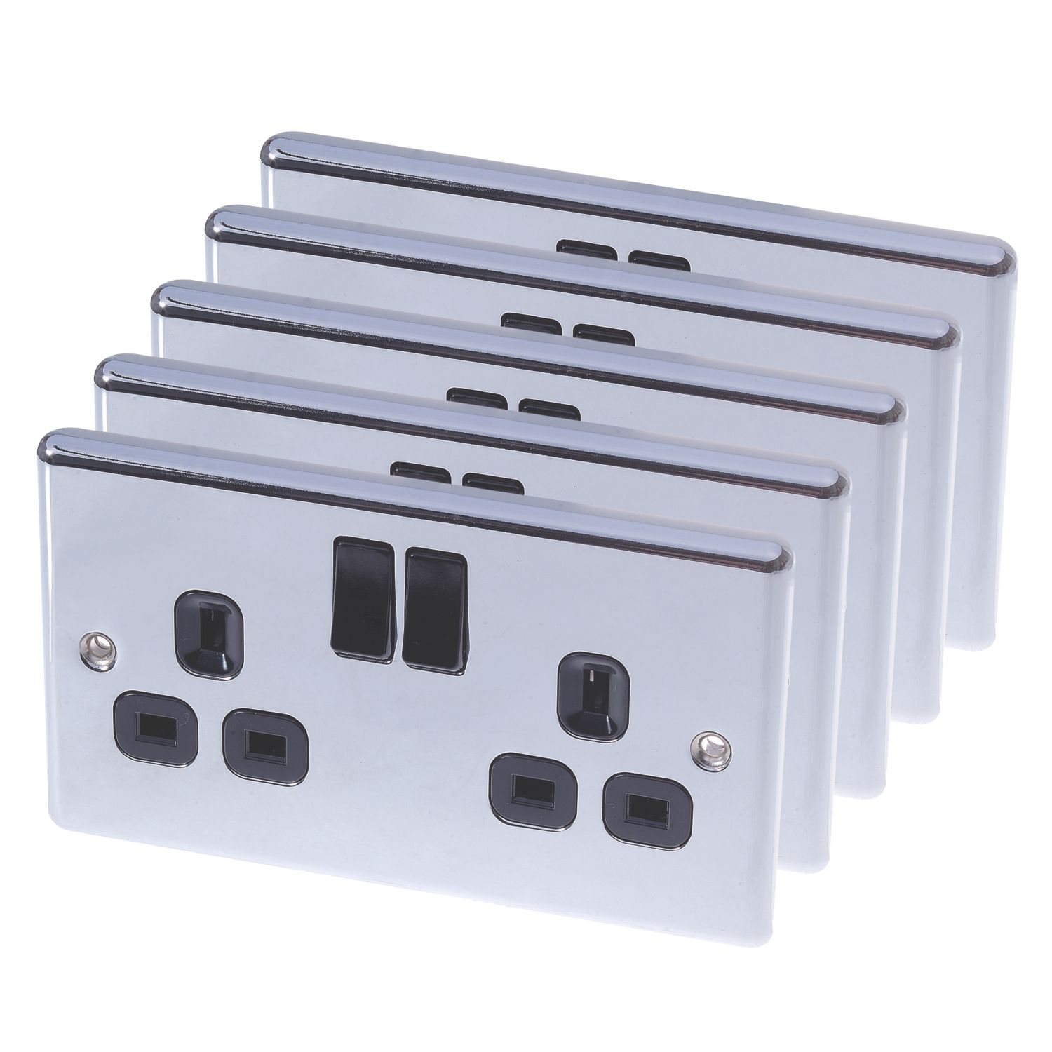 LAP 13A 2-Gang SP Switched Plug Sockets Polished Chrome with Black Inserts 5 Pack (1173C)