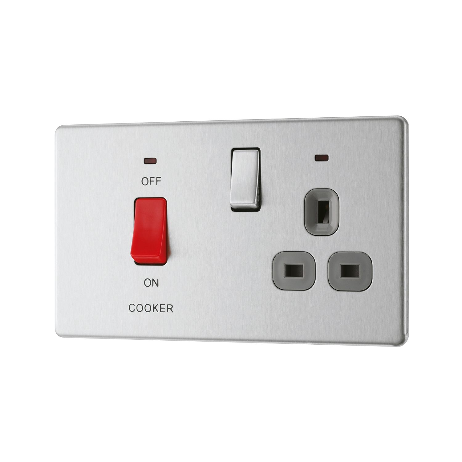 LAP 45A 2-Gang DP Cooker Switch & 13A DP Switched Socket Brushed Stainless Steel with LED with Graphite Inserts (117KJ)