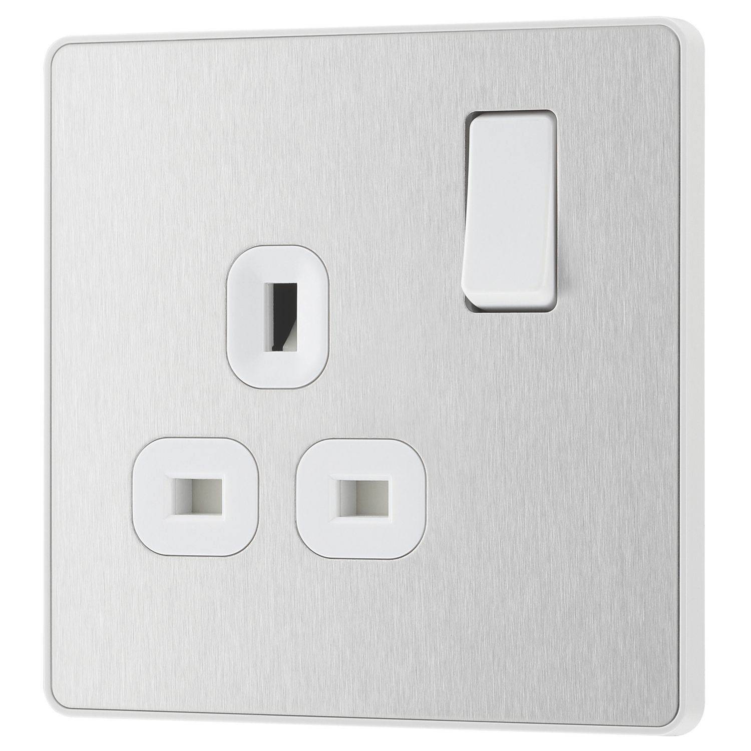 British General Evolve 13A 1-Gang SP Switched Socket Brushed Steel with White Inserts (126RF)