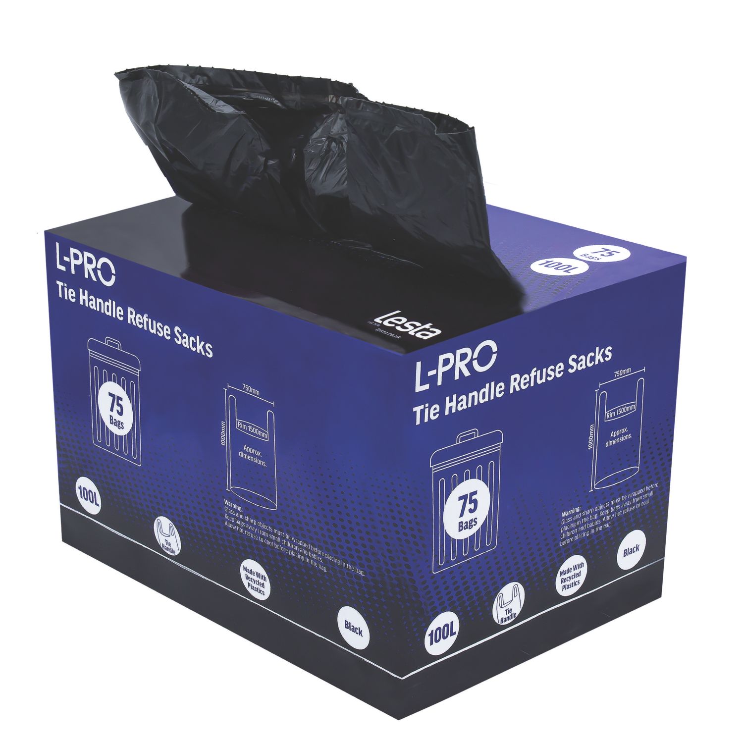 L-PRO Black Tie Handle Refuse Sacks/Bin Liners in Dispenser Box 100Ltr 75 Pack (129FH)