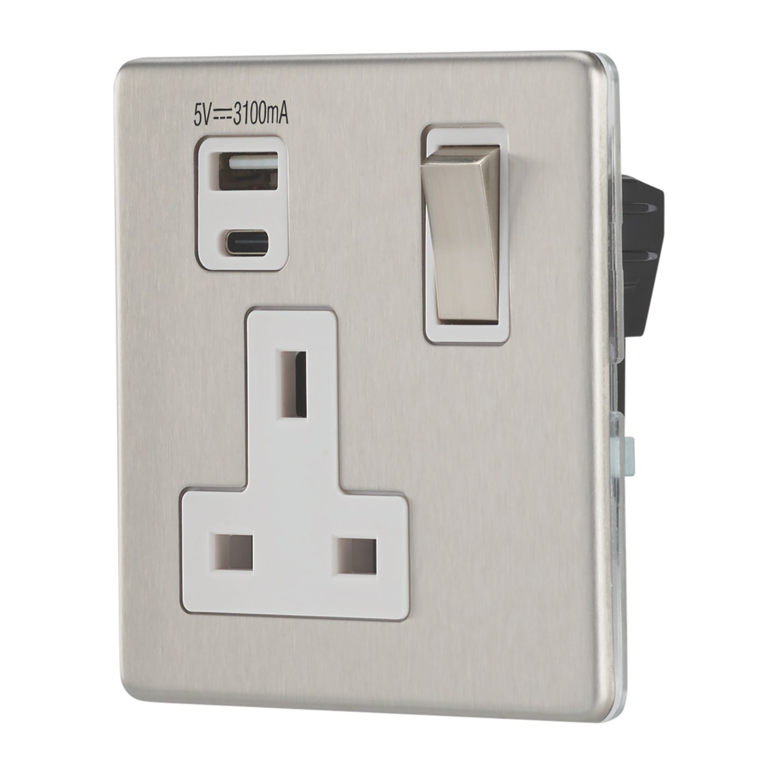 Contactum Lyric 13A 1-Gang DP Switched Socket + 3.1A 15.5W 1-Outlet Type A & C USB Charger Brushed Stainless Steel with White Inserts (129RP)