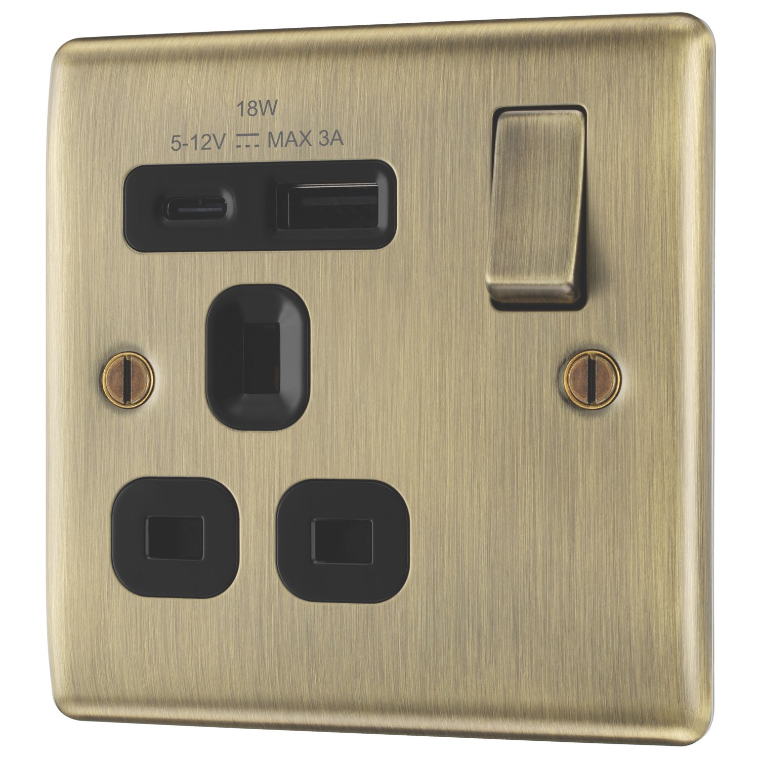 British General Nexus Metal 13A 1-Gang SP Switched Socket + 3A 18W 2-Outlet Type A & C USB Charger Antique Brass with Black Inserts (131CH)