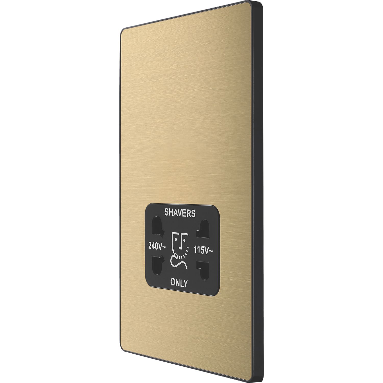 British General Evolve 2-Gang Dual Voltage Shaver Socket 115/240V Satin Brass with Black Inserts (142RF)