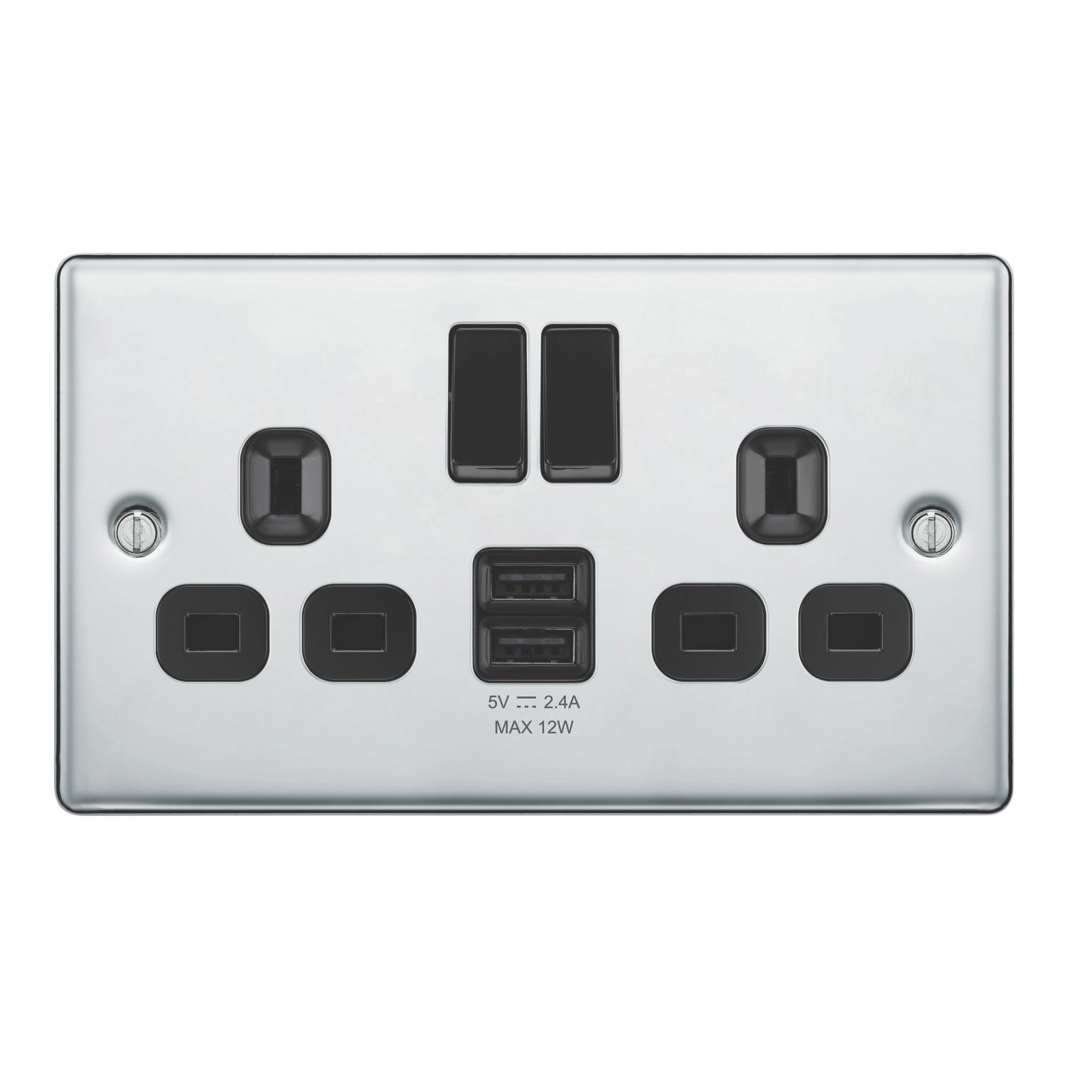 LAP 13A 2-Gang SP Switched Socket + 2.4A 12W 2-Outlet Type A USB Charger Polished Chrome with Black Inserts (143PN)