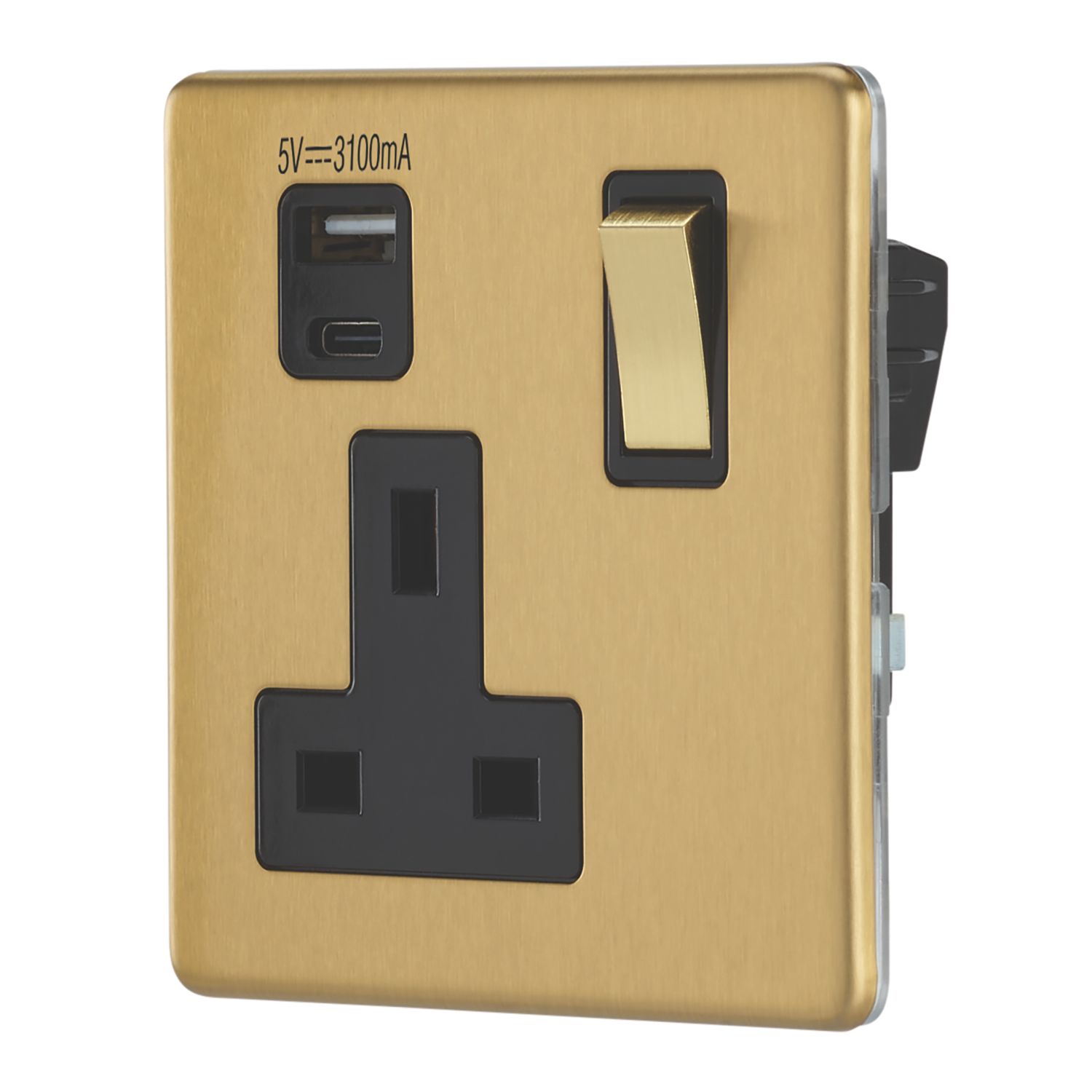 Contactum Lyric 13A 1-Gang DP Switched Socket + 3.1A 15.5W 1-Outlet Type A & C USB Charger Brushed Brass with Black Inserts (149RP)