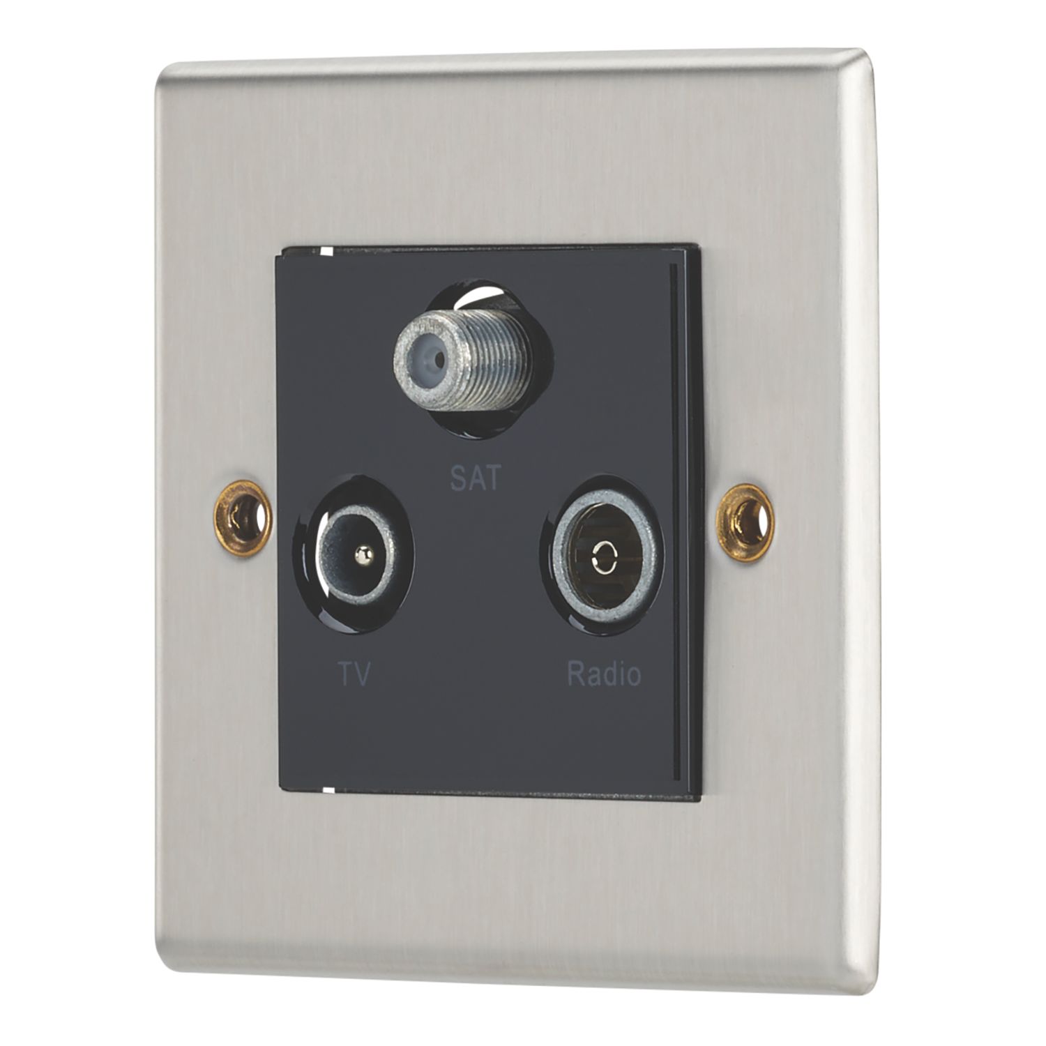 Contactum iConic 1-Gang Coaxial TV / FM & Satellite Socket Brushed Steel with Black Inserts (154RP)