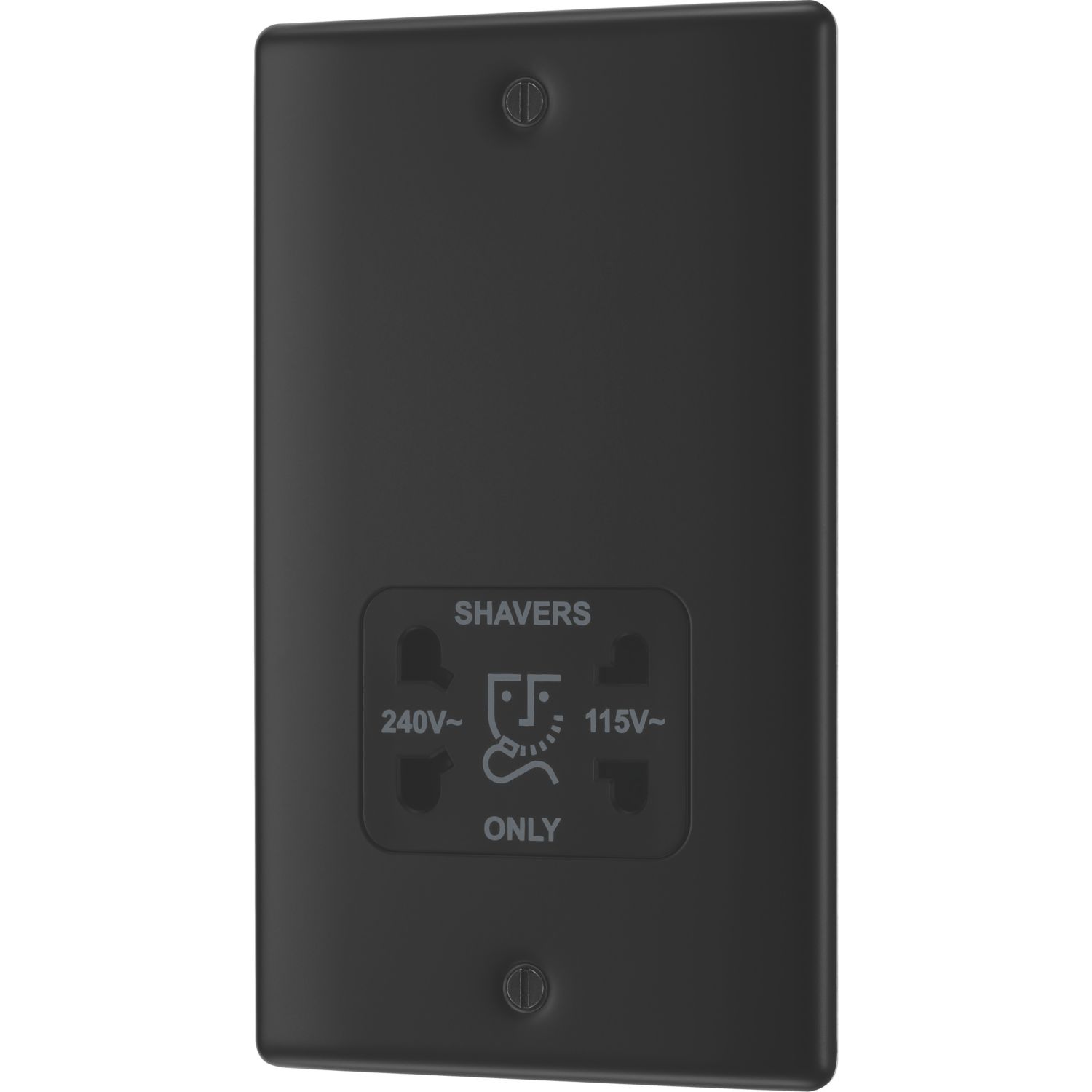 British General Nexus Metal 2-Gang Dual Voltage Shaver Socket 115/240V Matt Black with Colour-Matched Inserts (157PM)