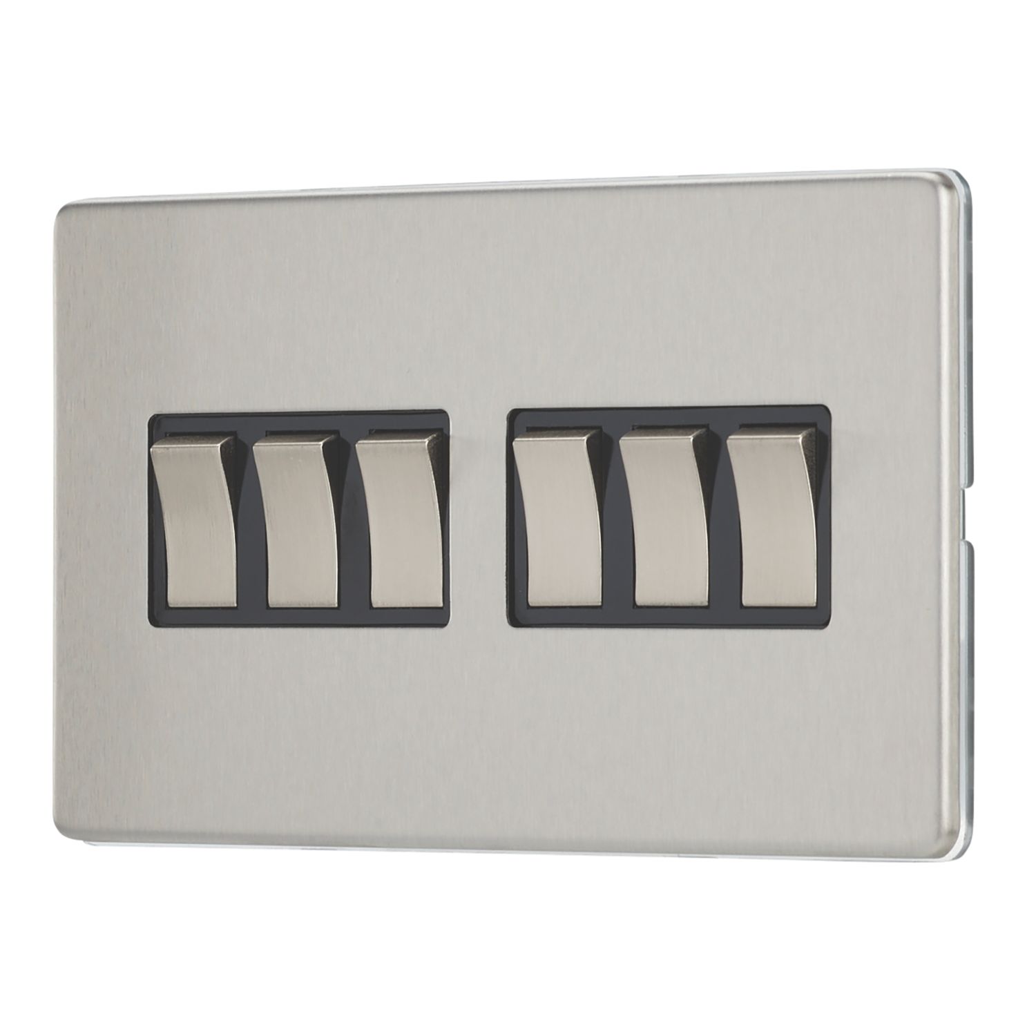 Contactum Lyric 10AX 6-Gang 2-Way Light Switch Brushed Steel with Black Inserts (158RK)