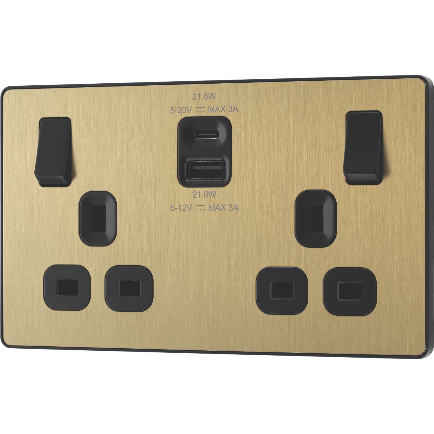 British General Evolve 13A 2-Gang SP Switched Socket + 3A 22W 2-Outlet Type A & C USB Charger Satin Brass with Black Inserts (169YV)