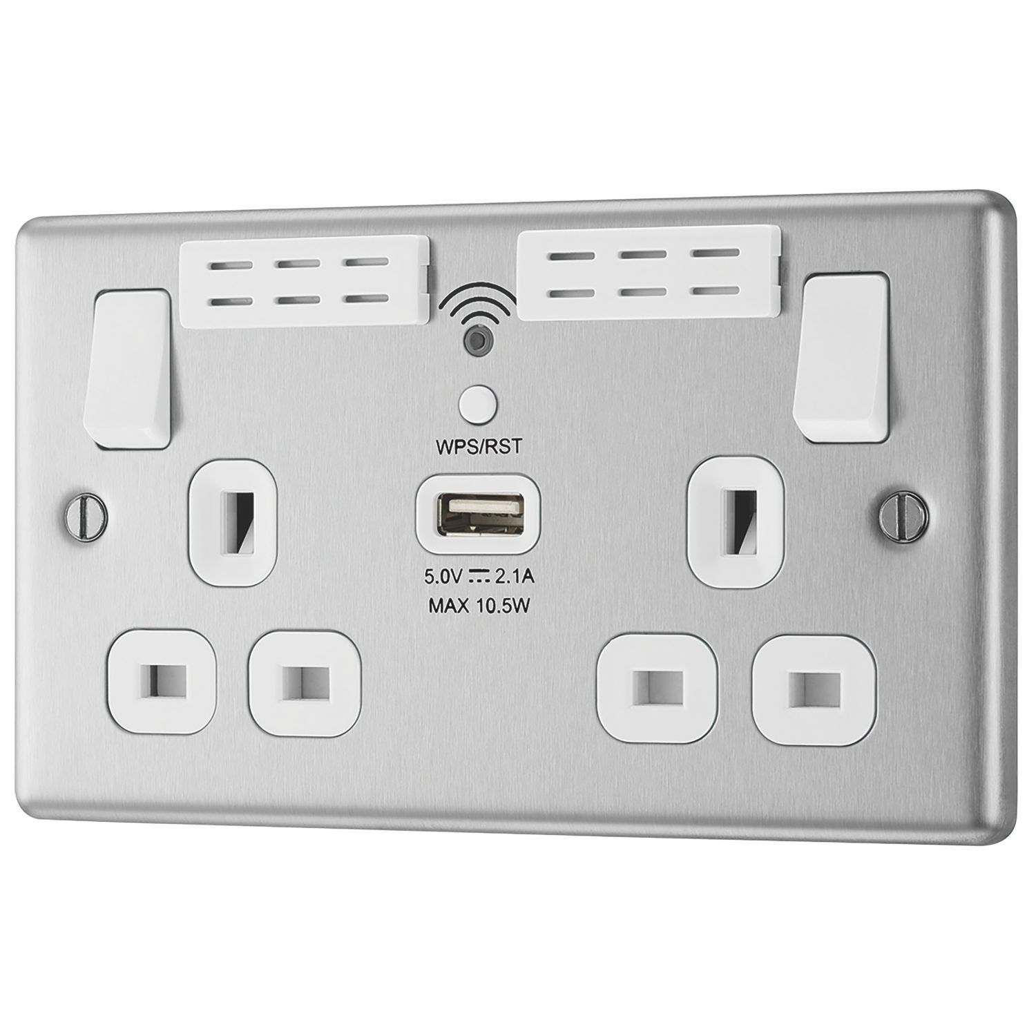 LAP 13A 2-Gang SP Switched Wi-Fi Extender + 2.1A 10.5W 1-Outlet Type A USB Charger Brushed Steel with White Inserts (170FV)