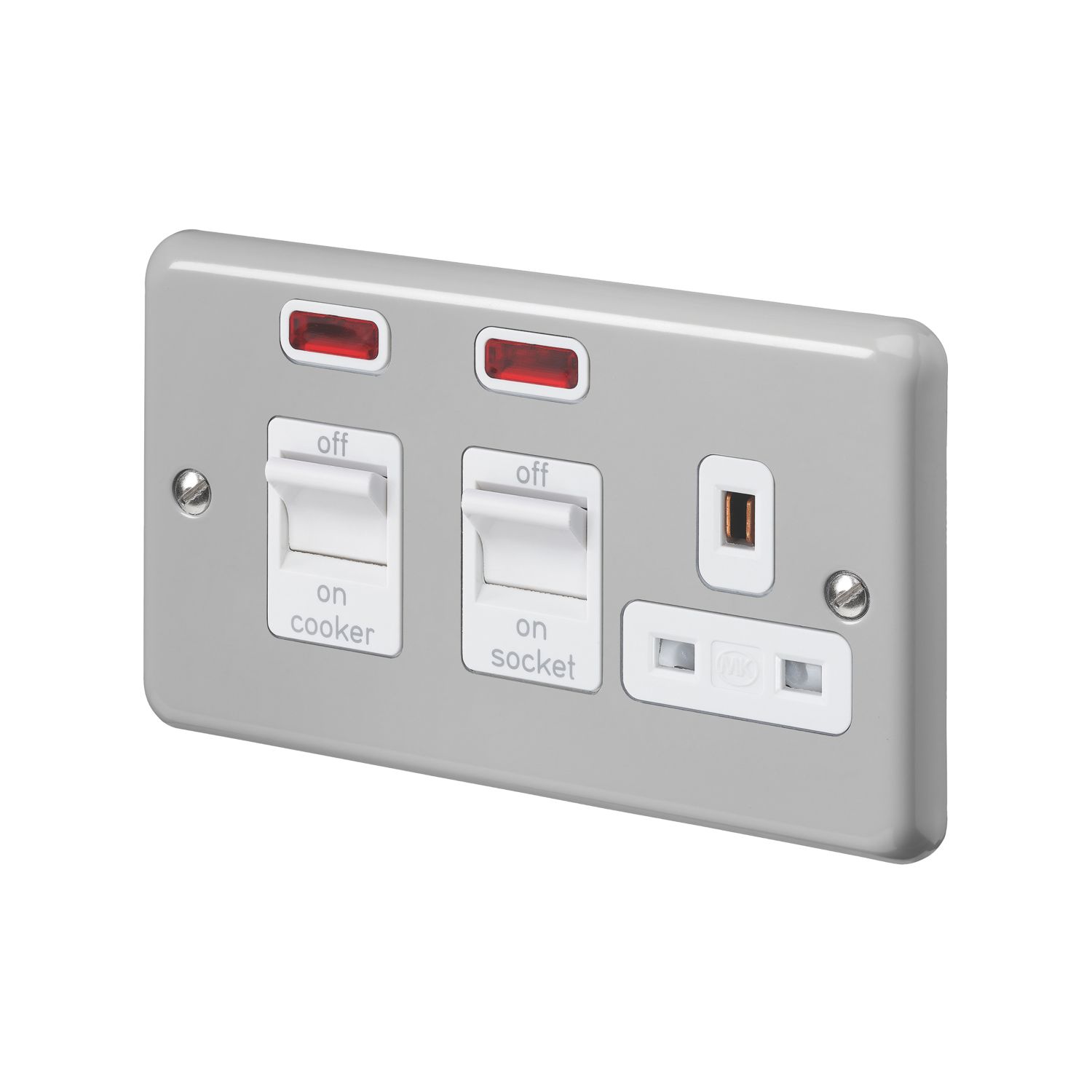 MK Contoura 45A 2-Gang DP Cooker Switch & 13A DP Switched Socket Grey with Neon with White Inserts (171RG)