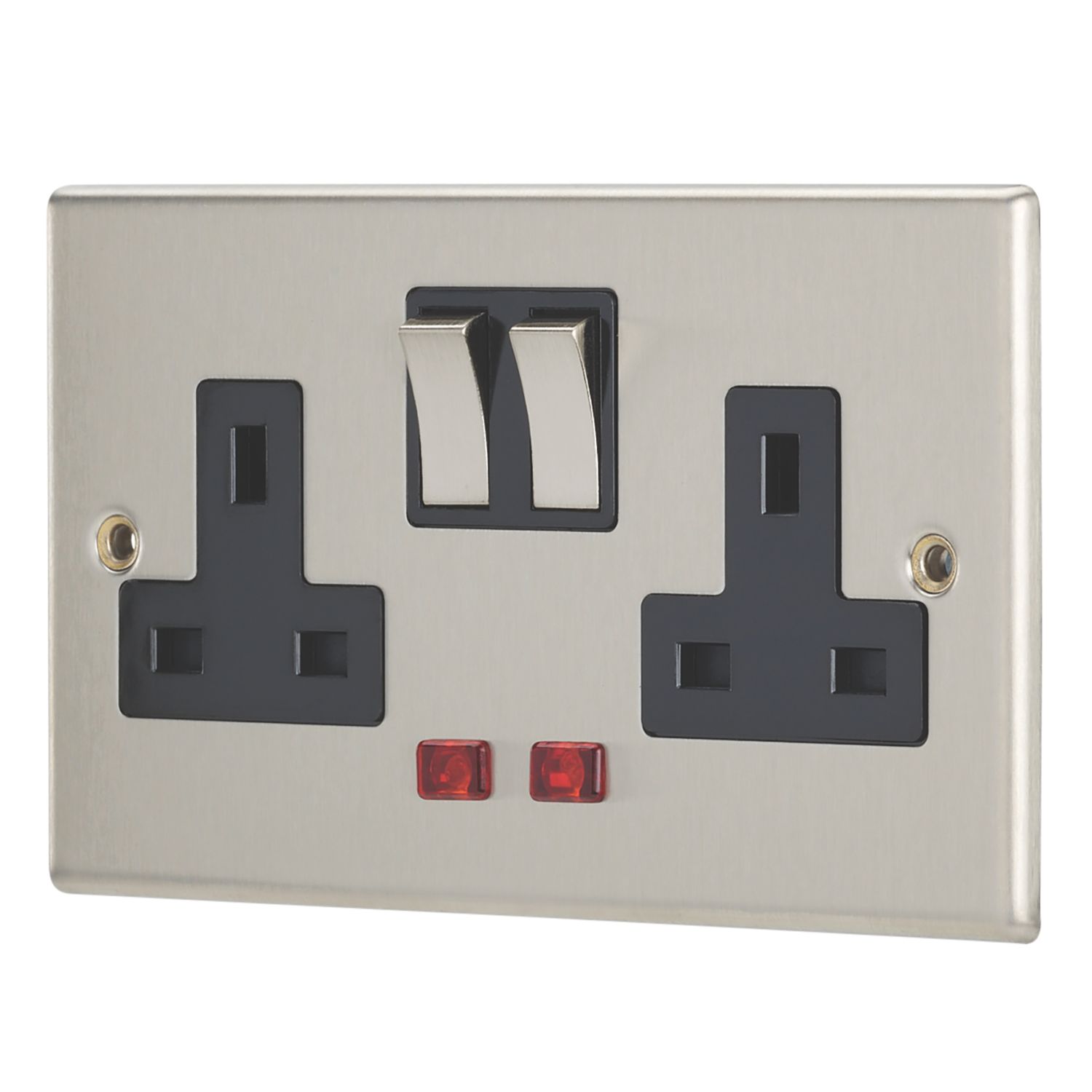 Contactum Iconic 13A 2-Gang DP Switched Socket Outlet Brushed Steel with Neon with Black Inserts (175RP)