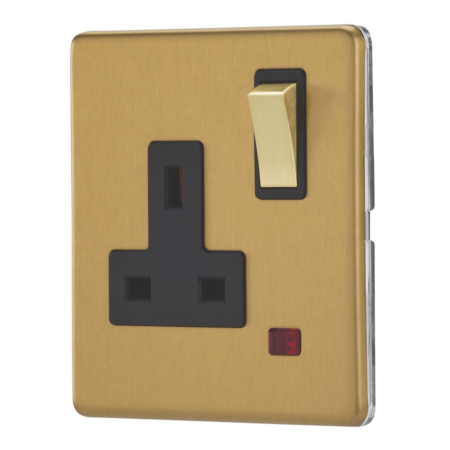 Contactum Lyric 13A 1-Gang DP Switched Socket Outlet Brushed Brass with Neon with Black Inserts (176RP)
