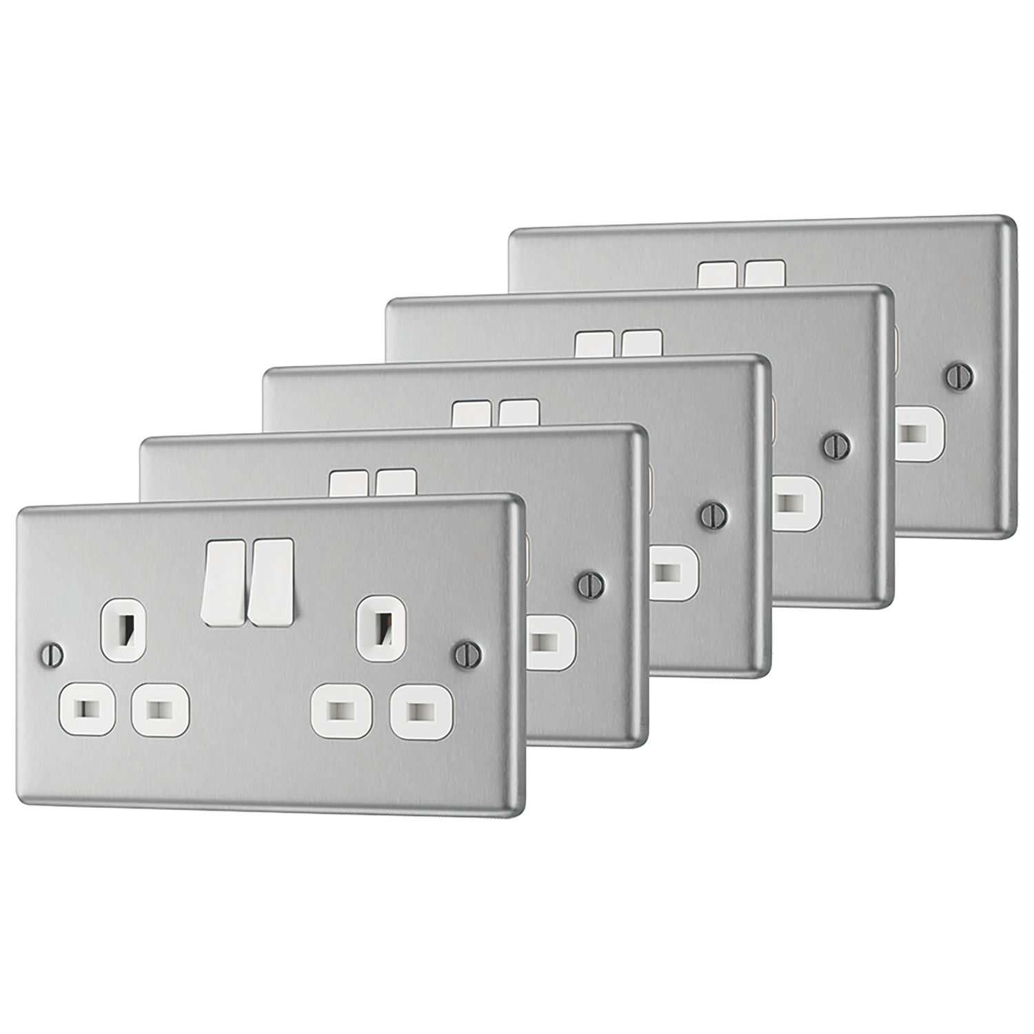LAP 13A 2-Gang SP Switched Plug Sockets Brushed Stainless Steel with White Inserts 5 Pack (1772C)