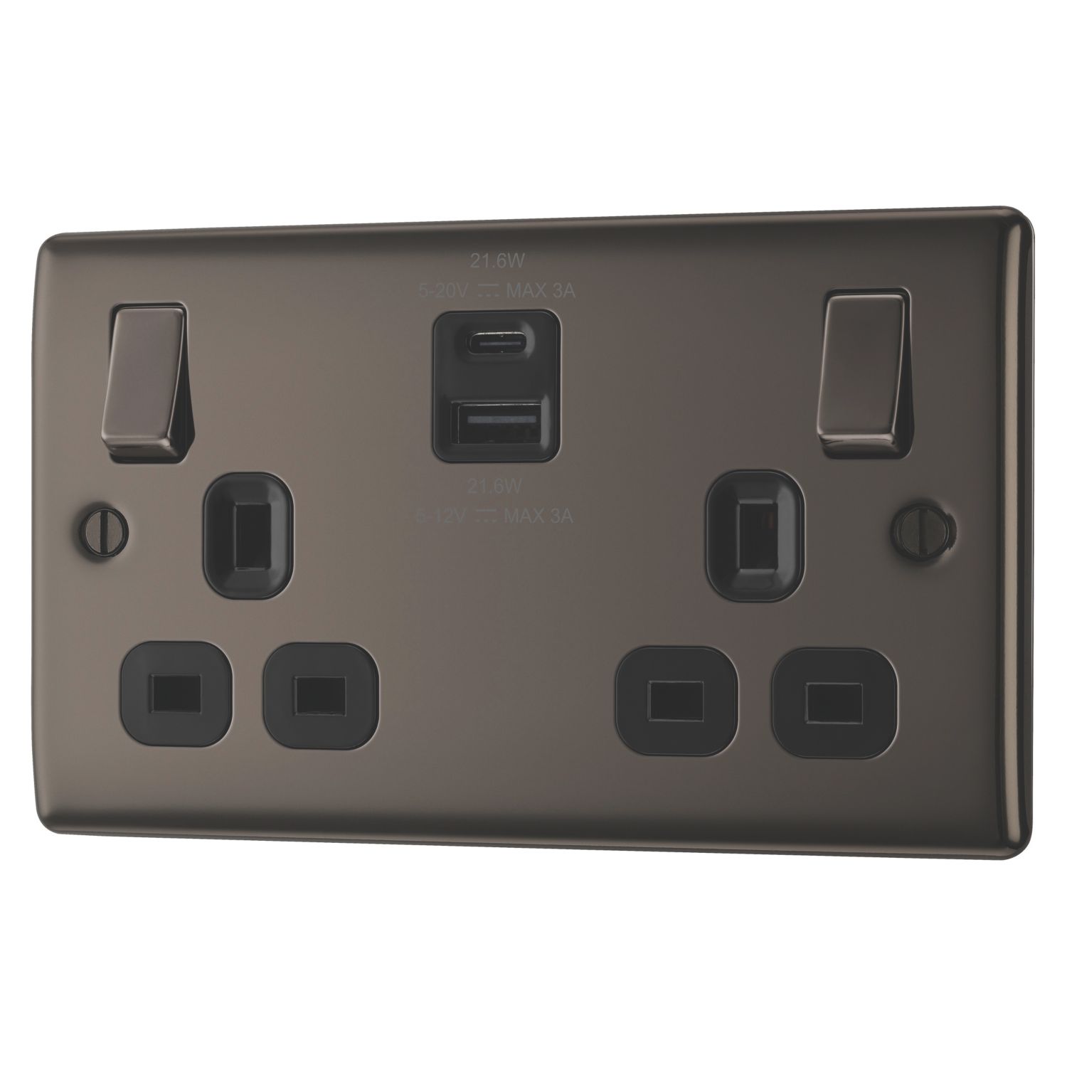 British General Nexus Metal 13A 2-Gang SP Switched Socket + 2.4A 22W 2-Outlet Type A & C USB Charger Black Nickel with Black Inserts (178PM)