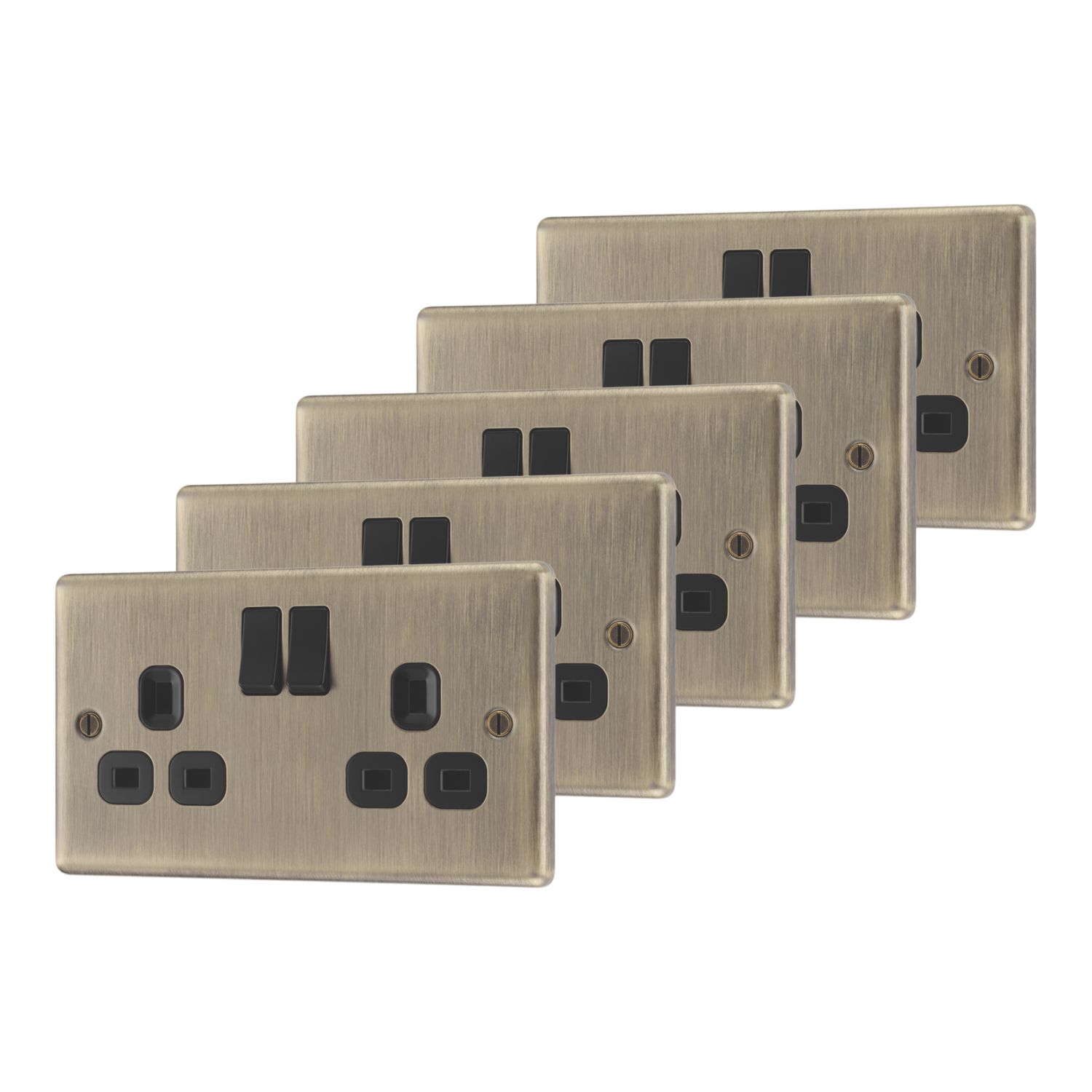 LAP 13A 2-Gang SP Switched Sockets Antique Brass with Black Inserts 5 Pack (182PN)