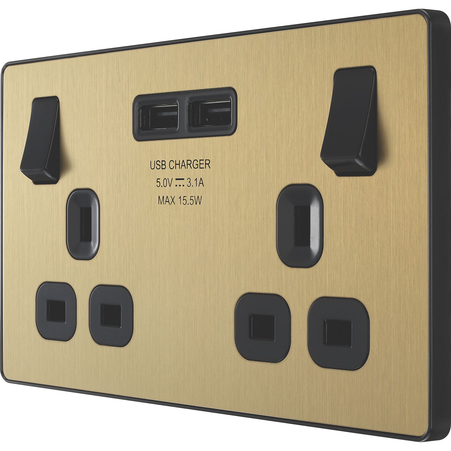 British General Evolve 13A 2-Gang SP Switched Socket + 3.1A 15.5W 2-Outlet Type A USB Charger Satin Brass with Black Inserts (182RF)