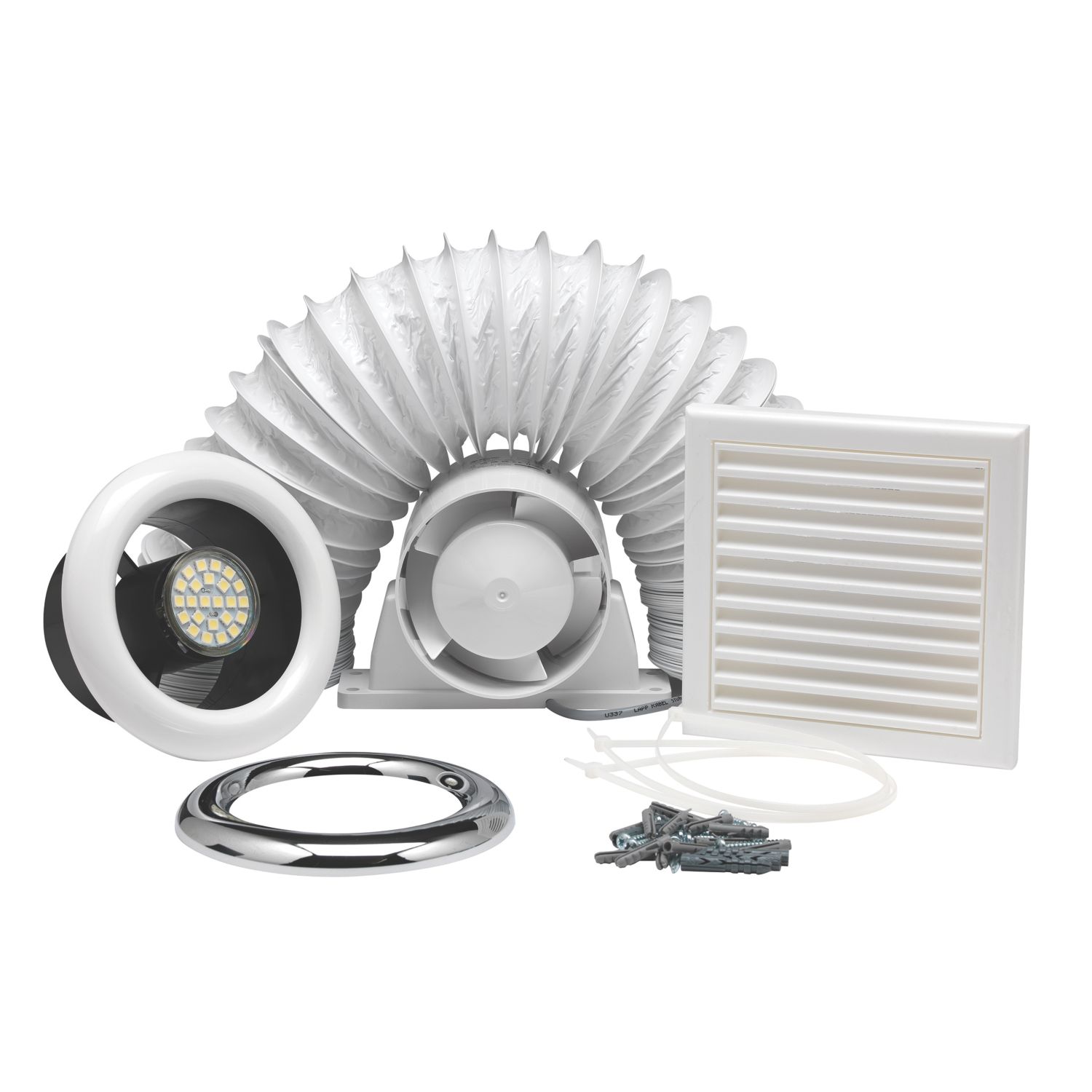 Xpelair Airline ALL100T 4" Axial Inline Bathroom Shower Extractor Fan Kit With LED Light with Timer White/Chrome 220-240V (190FH)