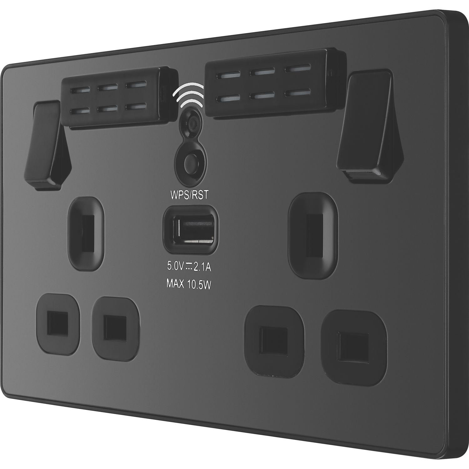 British General Evolve 13A 2-Gang SP Switched Socket With WiFi Extender + 2.1A 10.5W 1-Outlet Type A USB Charger Black Chrome with Black Inserts (...