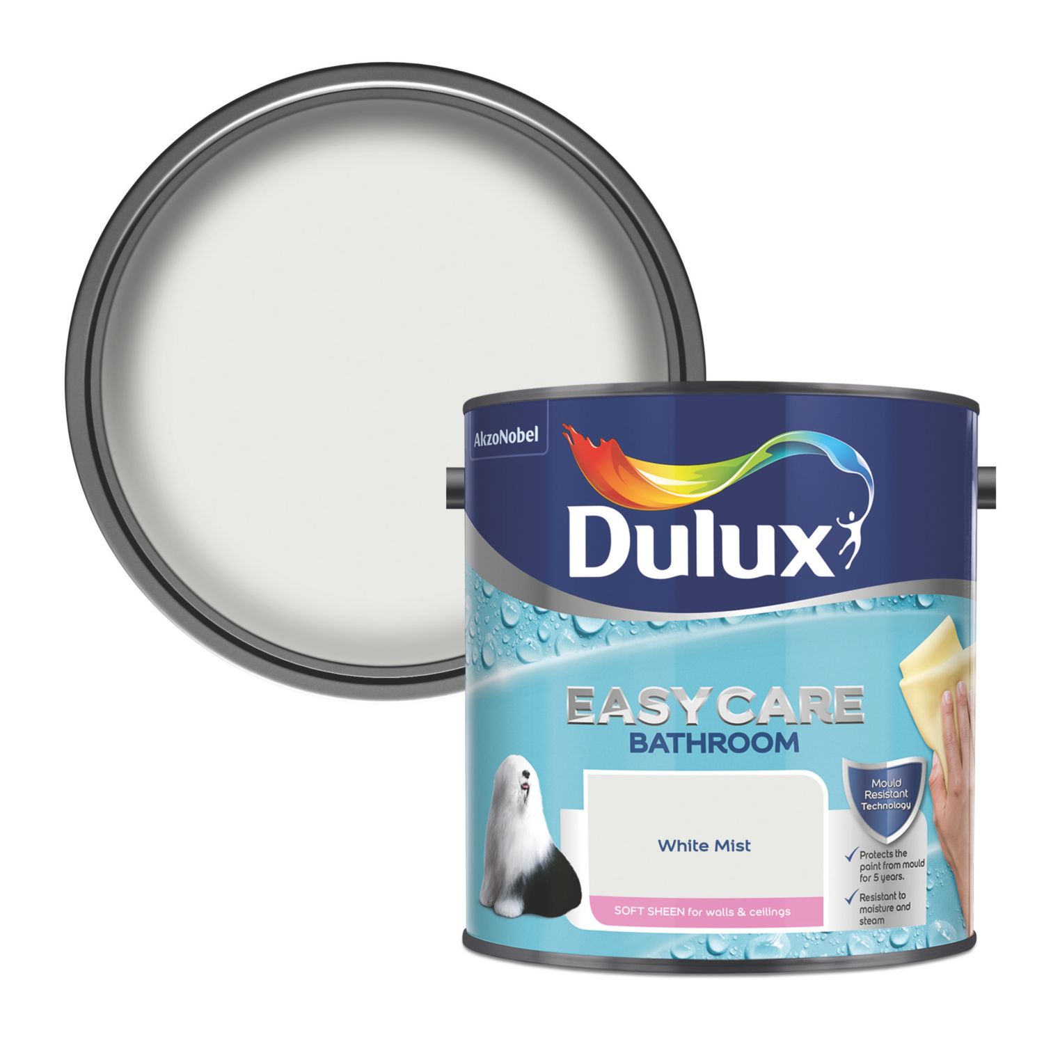 Dulux Easycare 2.5Ltr White Mist Soft Sheen Emulsion Bathroom Paint (194RT)