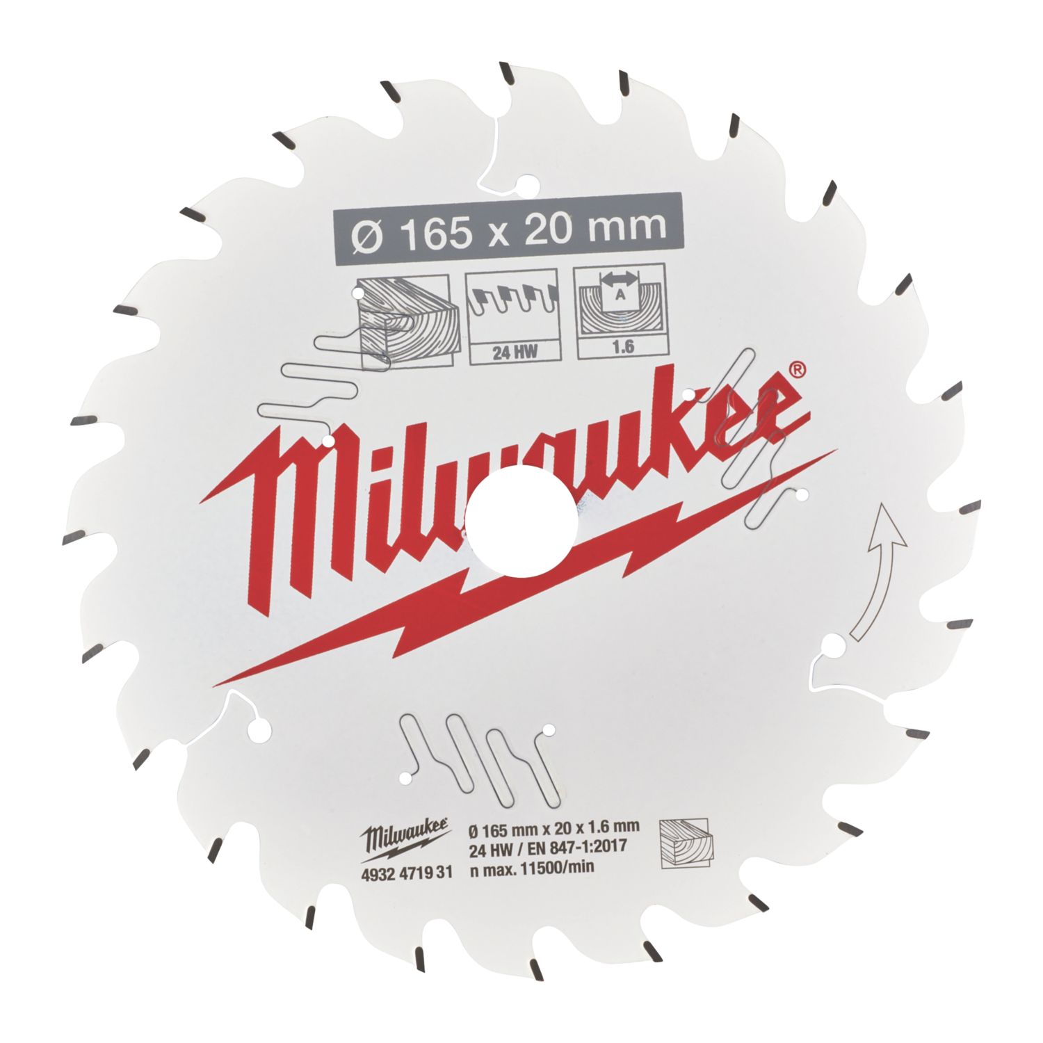 Milwaukee Wood Circular Saw Blade 165mm x 20mm 24T (198GE)