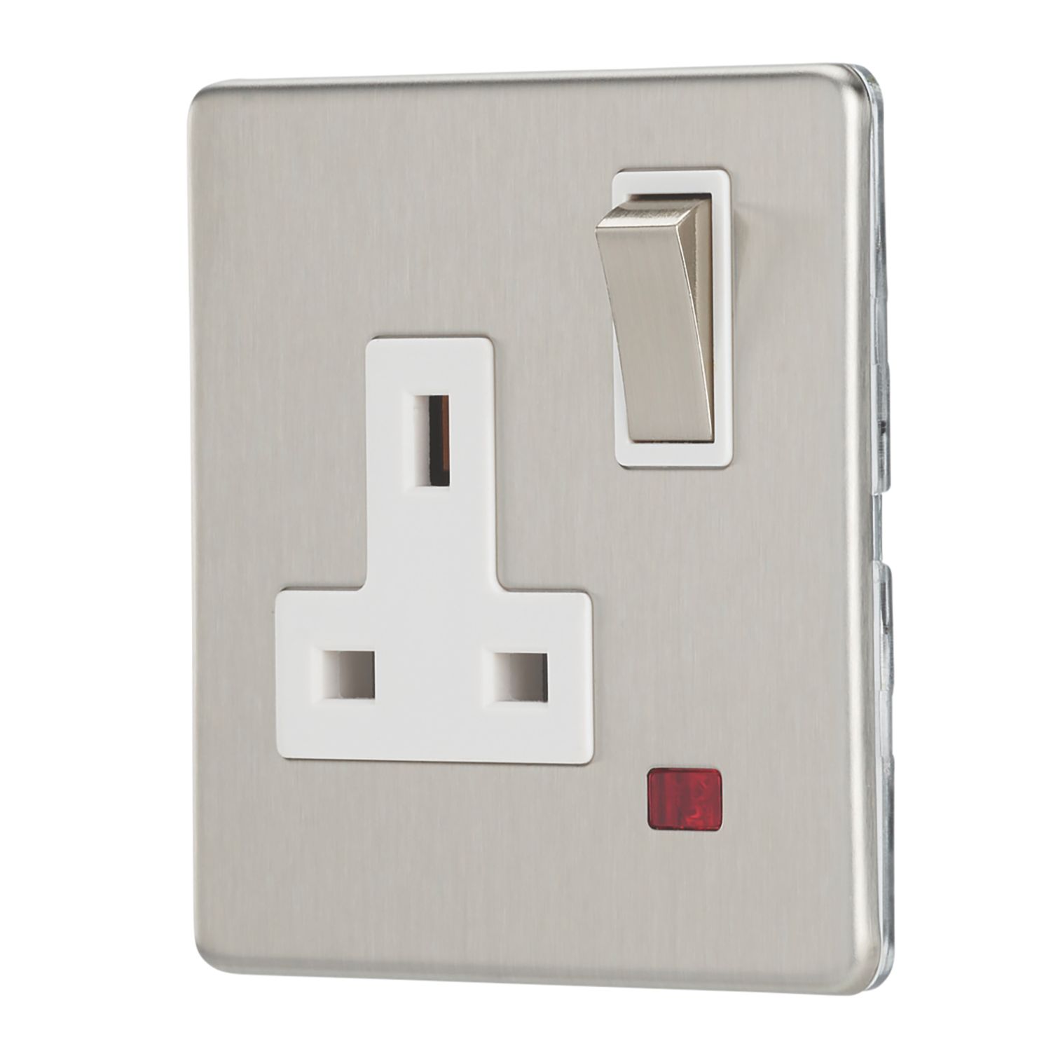 Contactum Lyric 13A 1-Gang DP Switched Socket Outlet Brushed Steel with Neon with White Inserts (204RP)
