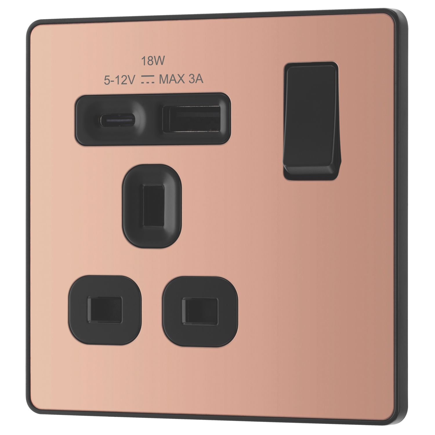 British General Evolve 13A 1-Gang SP Switched Socket + 3A 18W 2-Outlet Type A & C USB Charger Copper with Black Inserts (208CH)