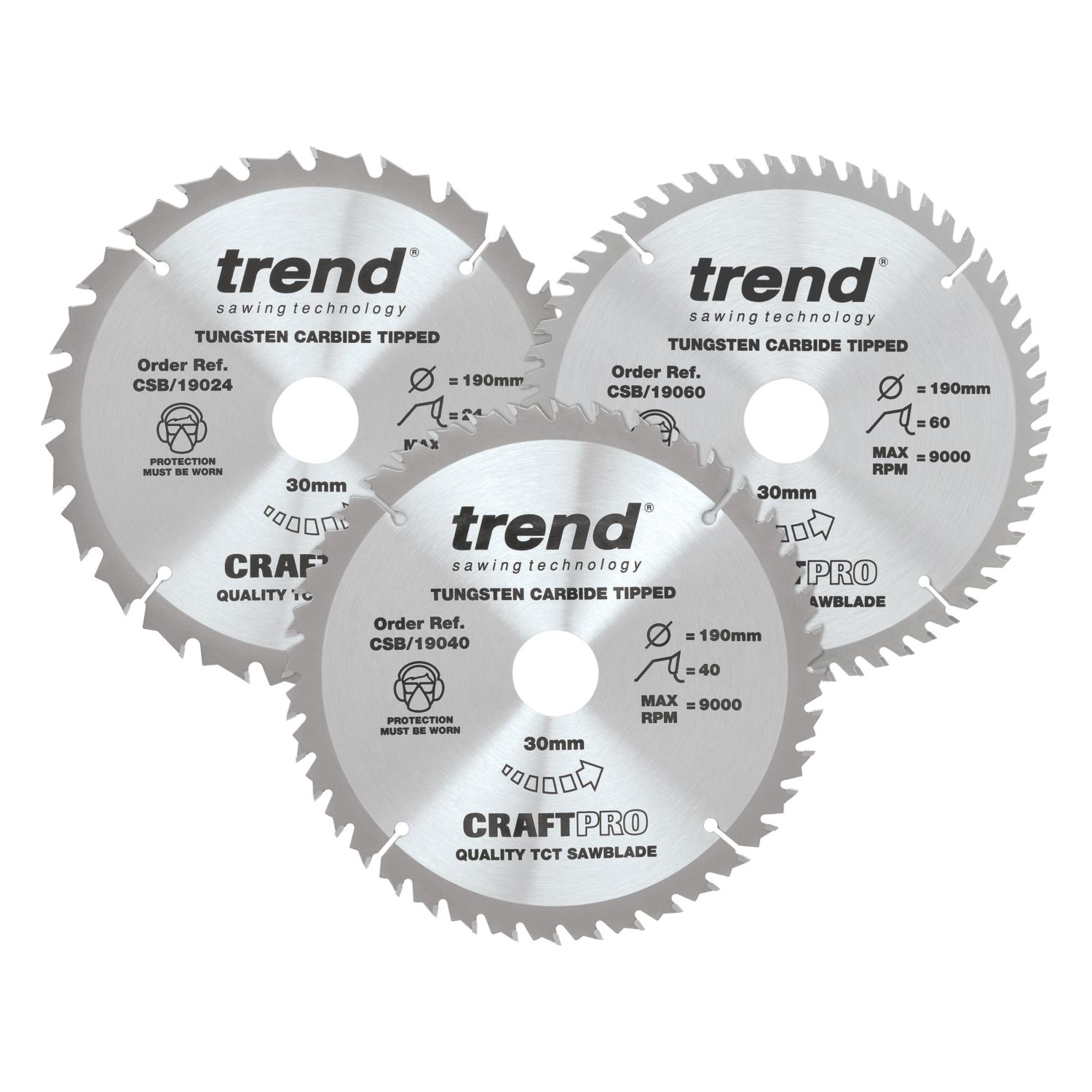 Trend CSB/190/3PK Wood TCT Circular Saw Blades 190mm x 30mm 24/40/60T 3 Pieces (208HT)