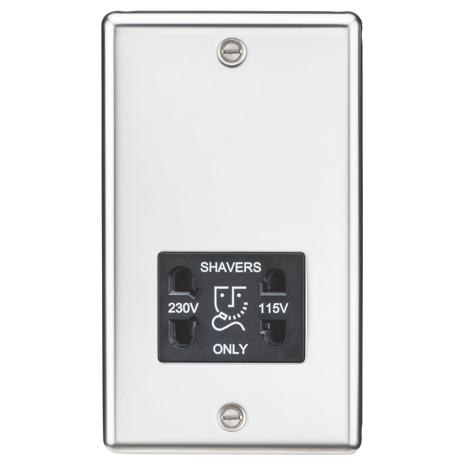 Knightsbridge 2-Gang Dual Voltage Shaver Socket 115 V / 230V Polished Chrome with Black Inserts (213TY)
