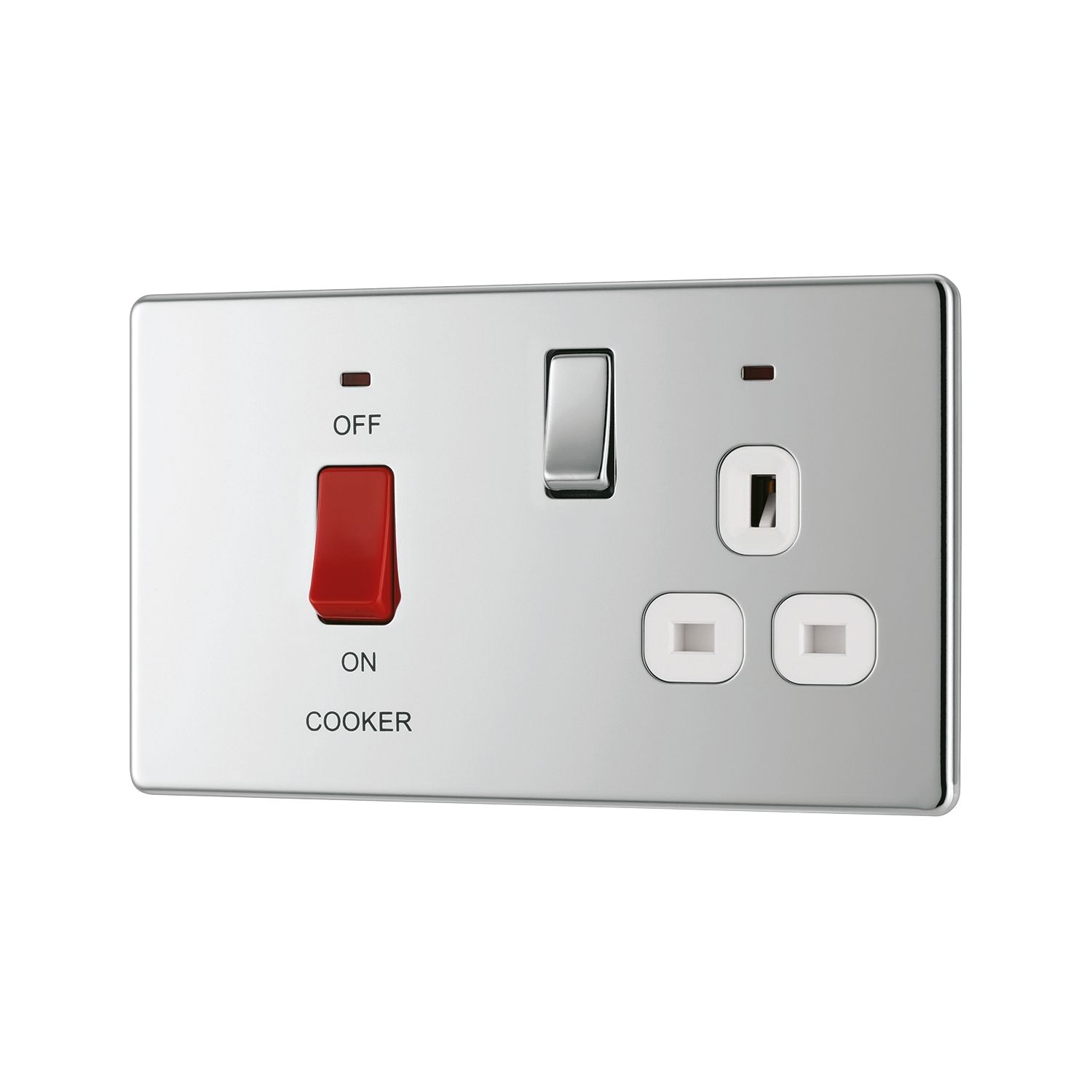 LAP 45A 2-Gang DP Cooker Switch & 13A DP Switched Socket Polished Chrome with LED with White Inserts (215KJ)