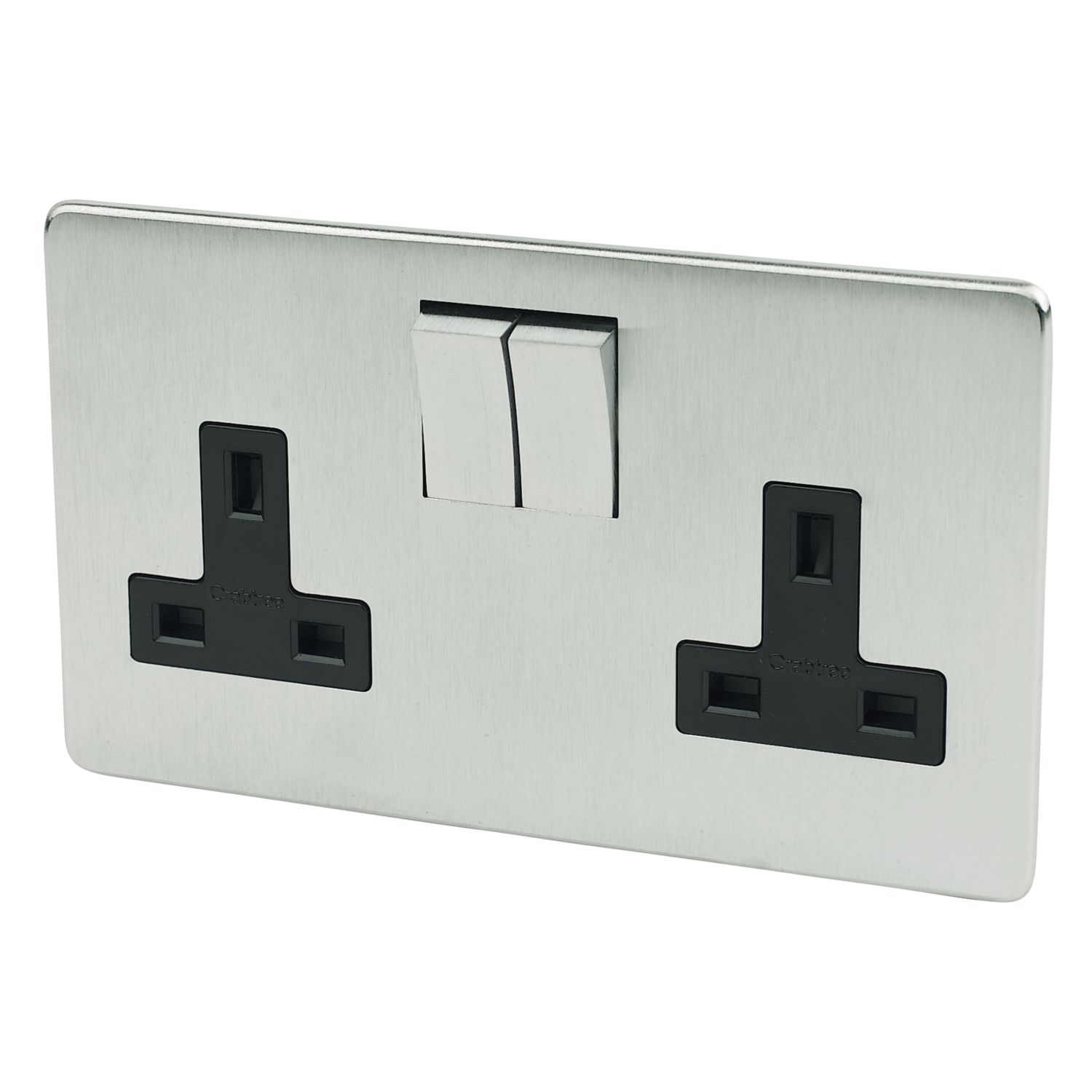 Crabtree Platinum 13A 2-Gang DP Switched Plug Socket Satin Chrome with Black Inserts (21642)