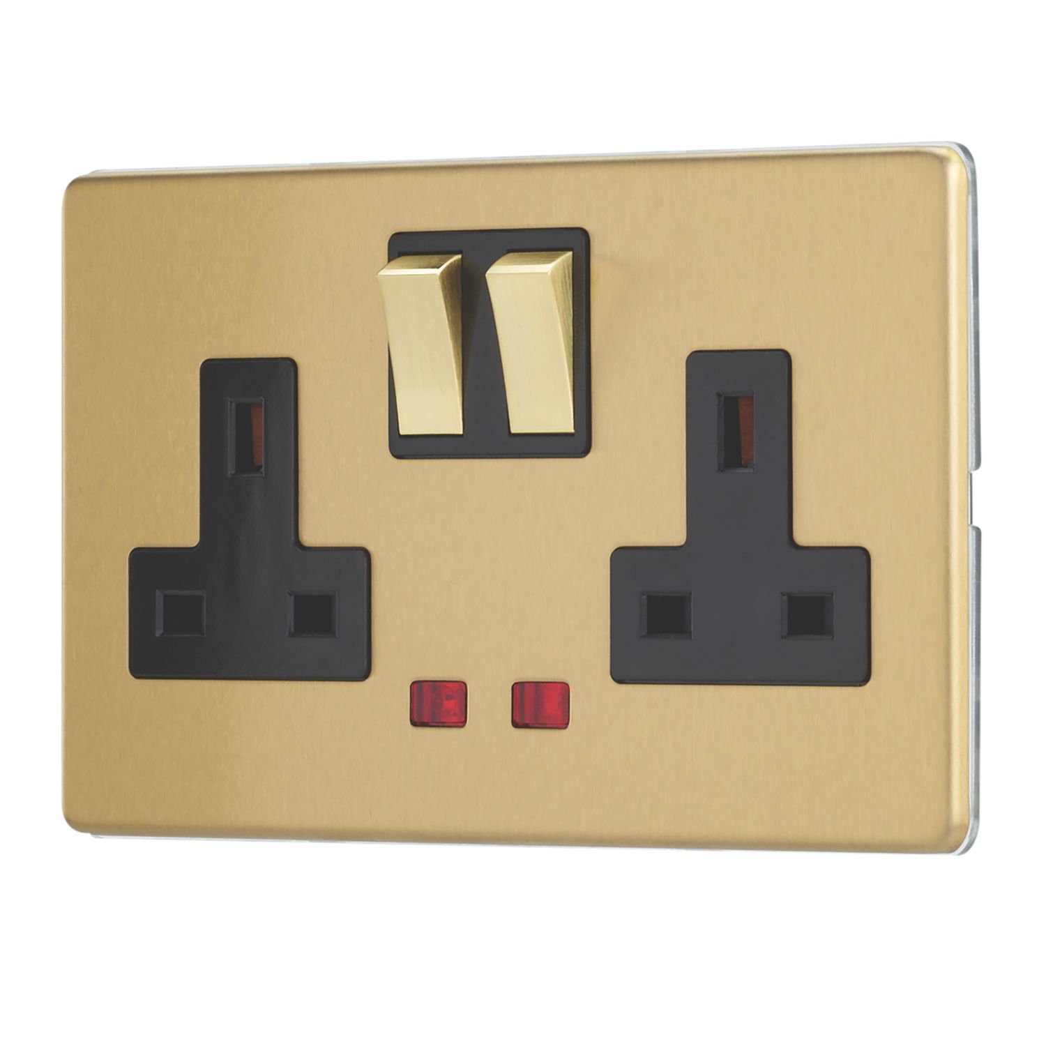 Contactum Lyric 13A 2-Gang DP Switched Socket Outlet Brushed Brass with Neon with Black Inserts (223RR)