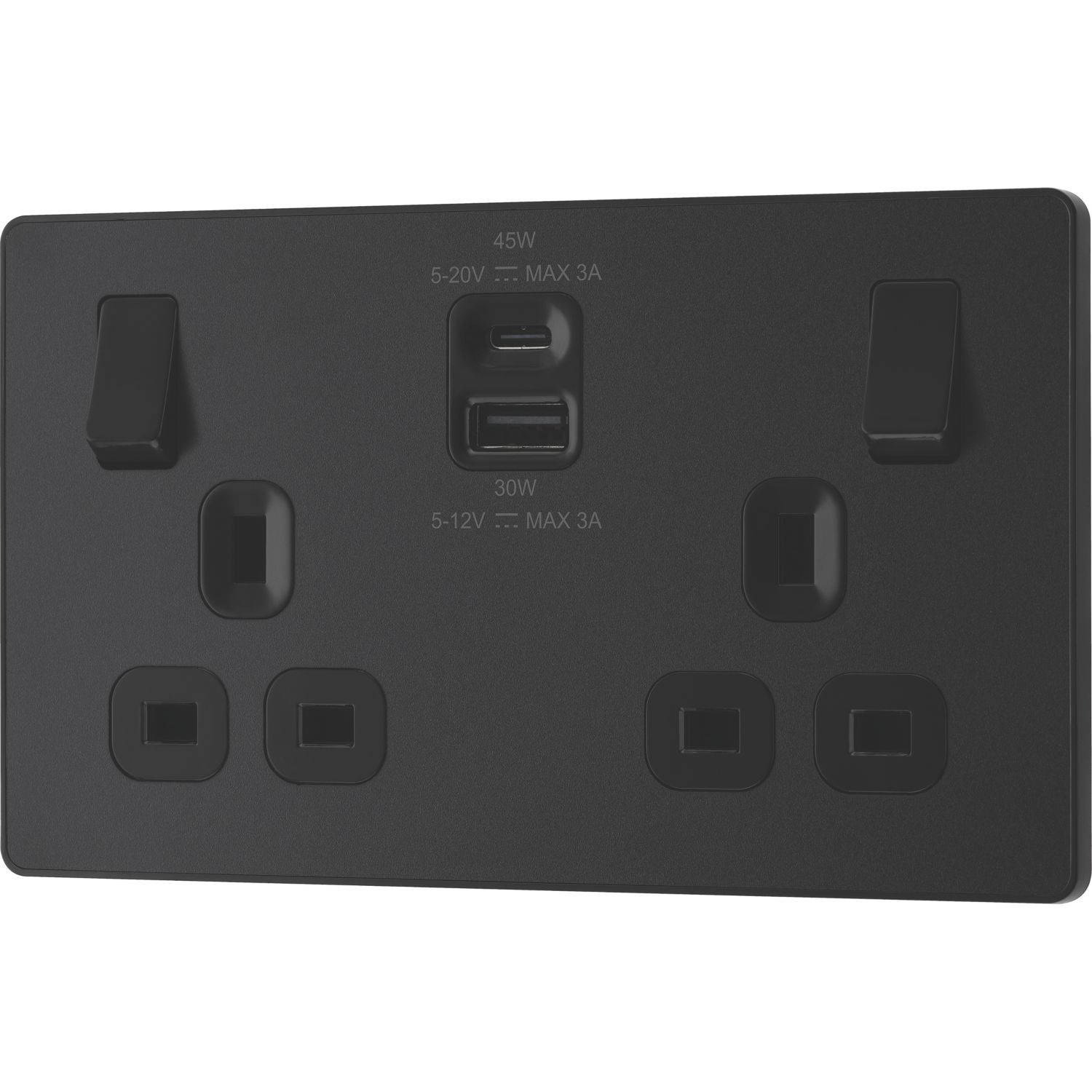British General Evolve 13A 2-Gang SP Switched Socket + 3A 45W 2-Outlet Type A & C USB Charger Matt Black with Black Inserts (223YV)