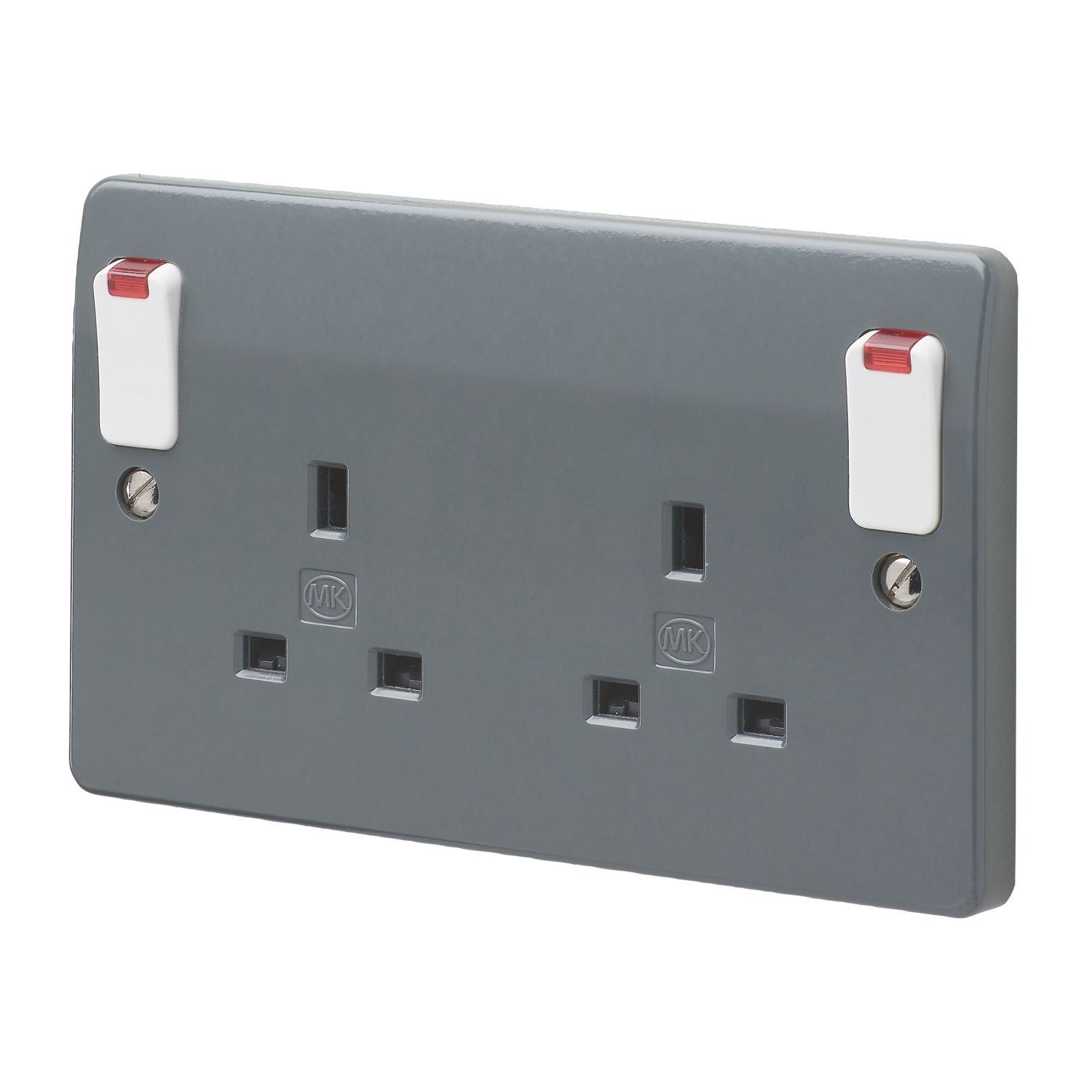 MK Logic Plus 13A 2-Gang DP Switched Plug Socket Grey with Neon with White Inserts (224FF)