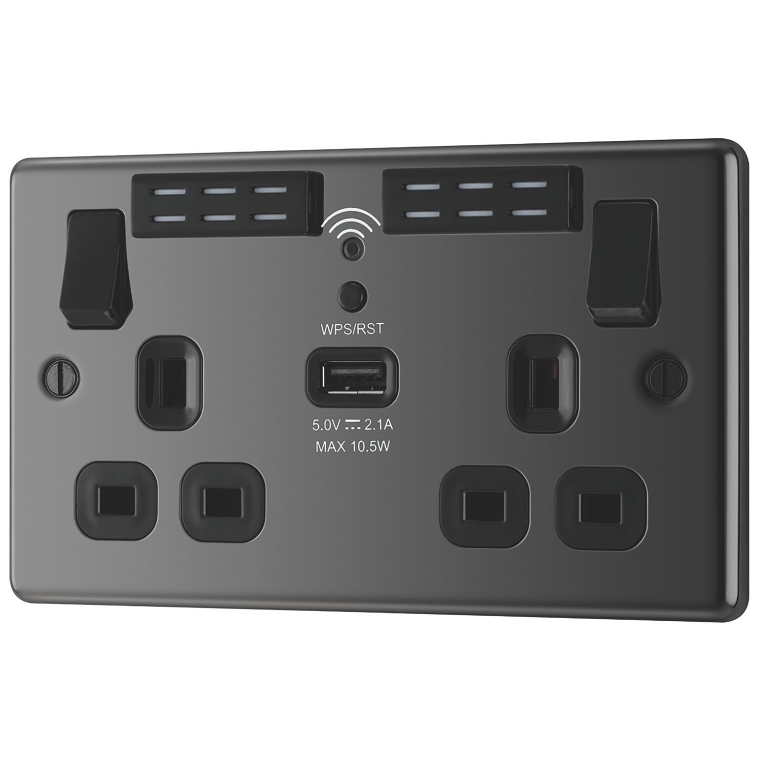 LAP 13A 2-Gang SP Switched Wi-Fi Extender Socket + 2.1A 10.5W 1-Outlet Type A USB Charger Black Nickel with Black Inserts (224HF)
