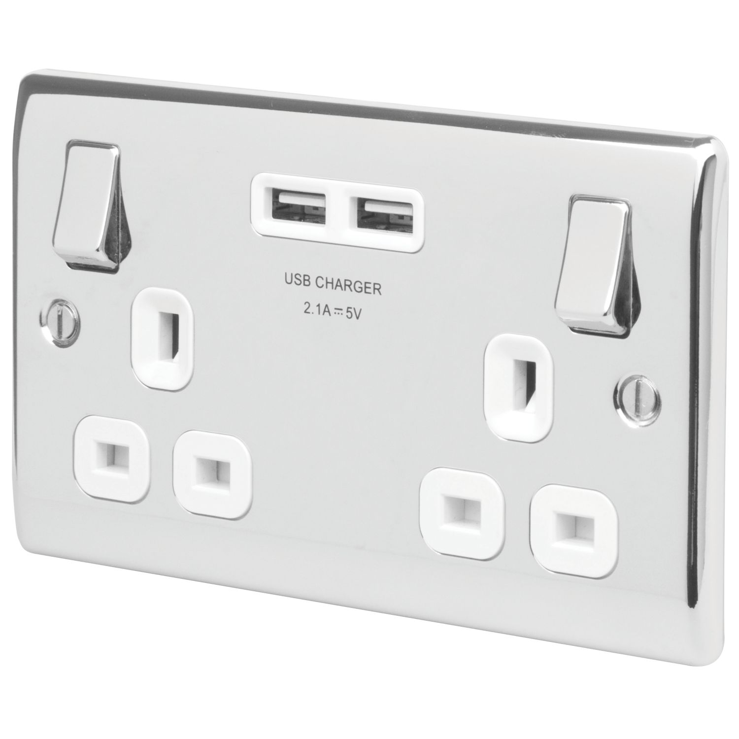 British General Nexus Metal 13A 2-Gang SP Switched Socket + 3.1A 15.5W 2-Outlet Type A USB Charger Polished Chrome with White Inserts (225FT)